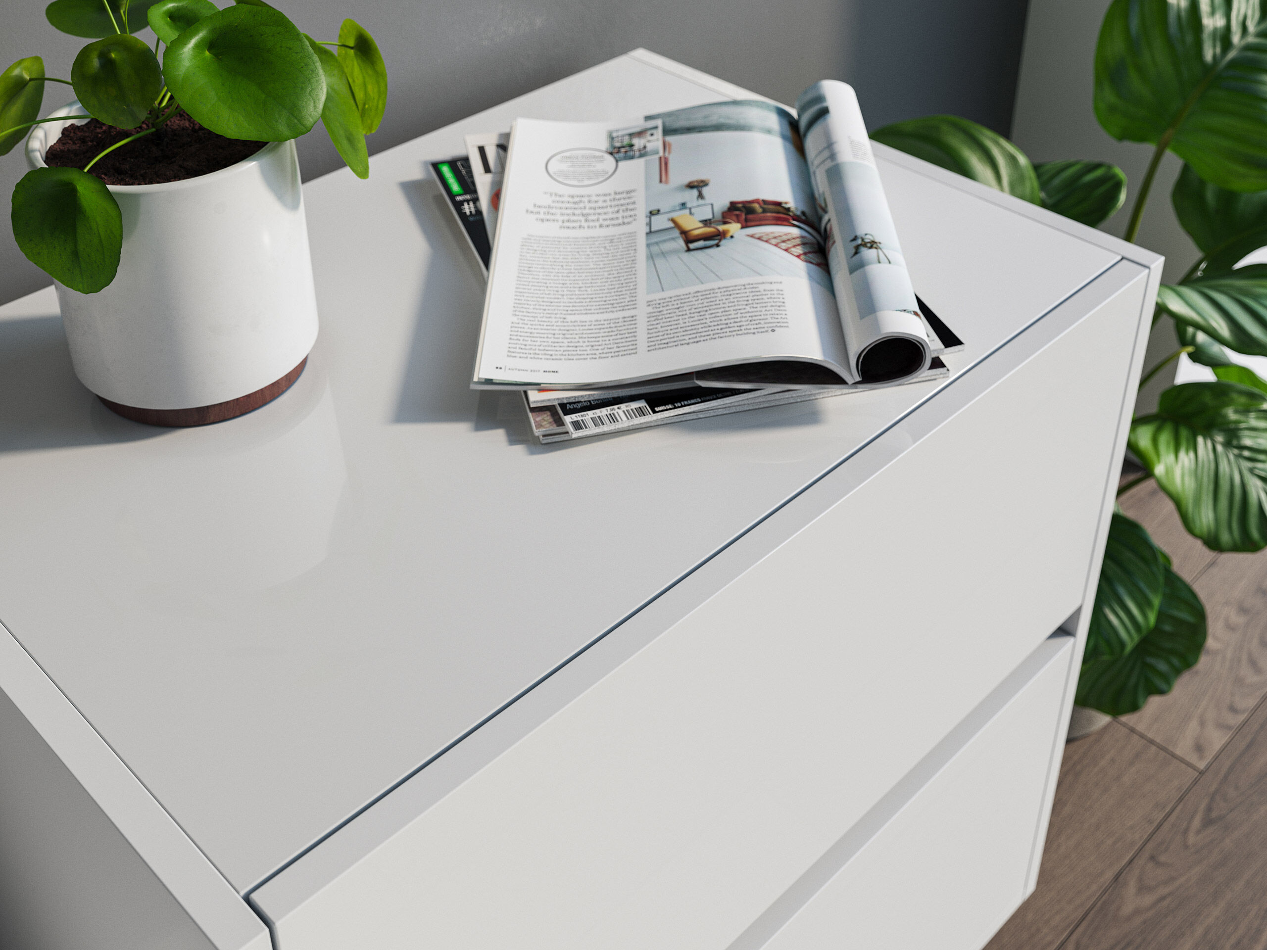 Nachttisch Yako 60cm 2 SoftClose stehend Weiß & Eiche Top