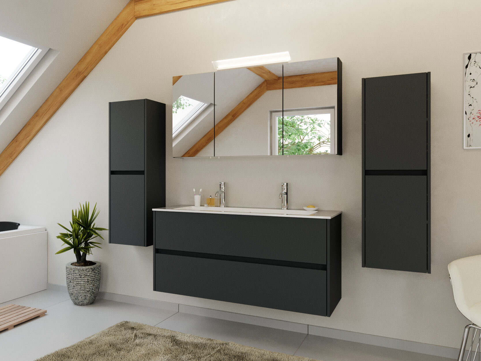 Doppel-Badmöbel Set Taifun 4tlg. 120 cm Spiegelschrank & 2x Seitenschrank Grafit