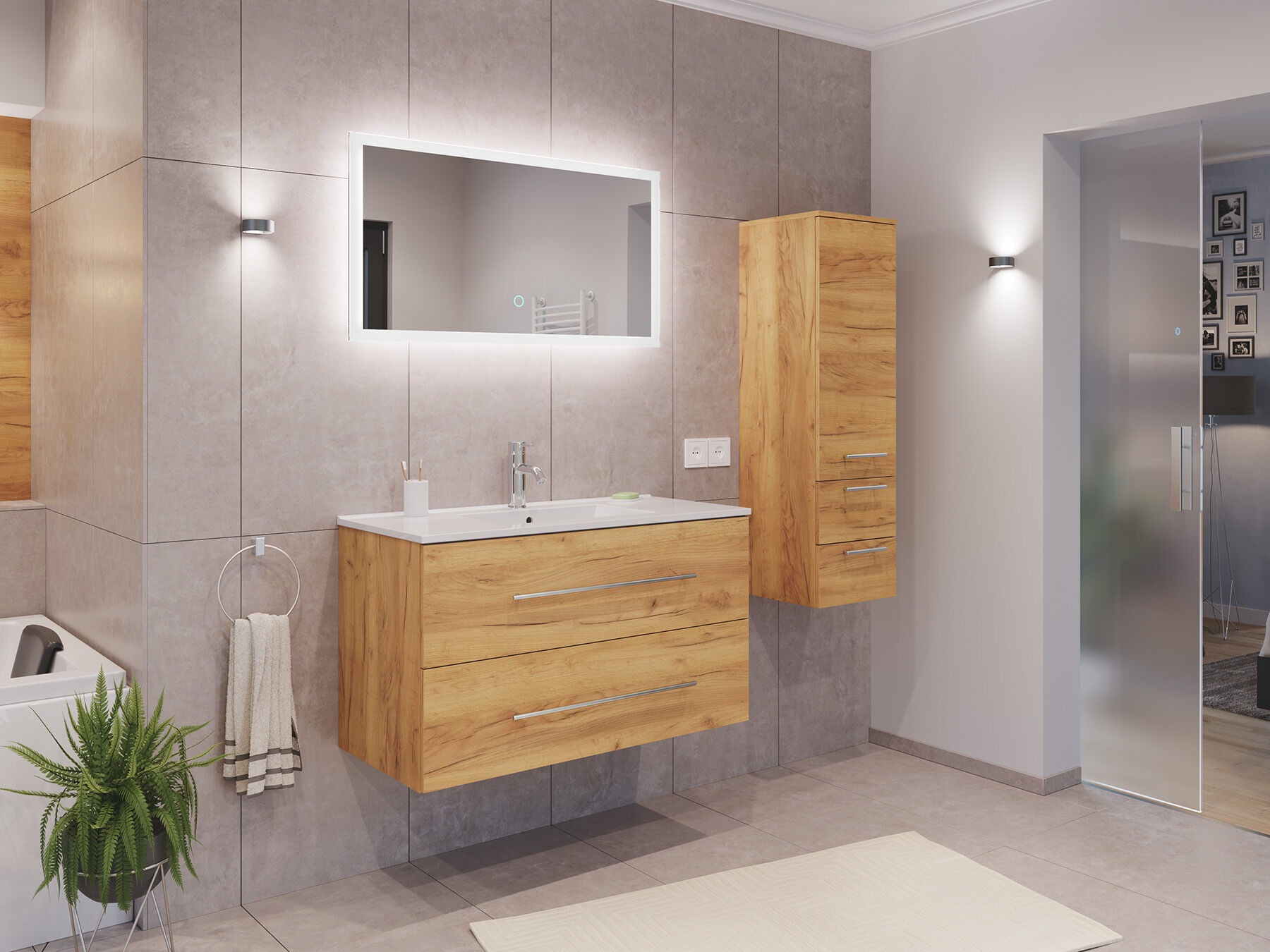 Badmöbel Set Firenze 100 3tlg. LED Spiegel und Seitenschrank grafit