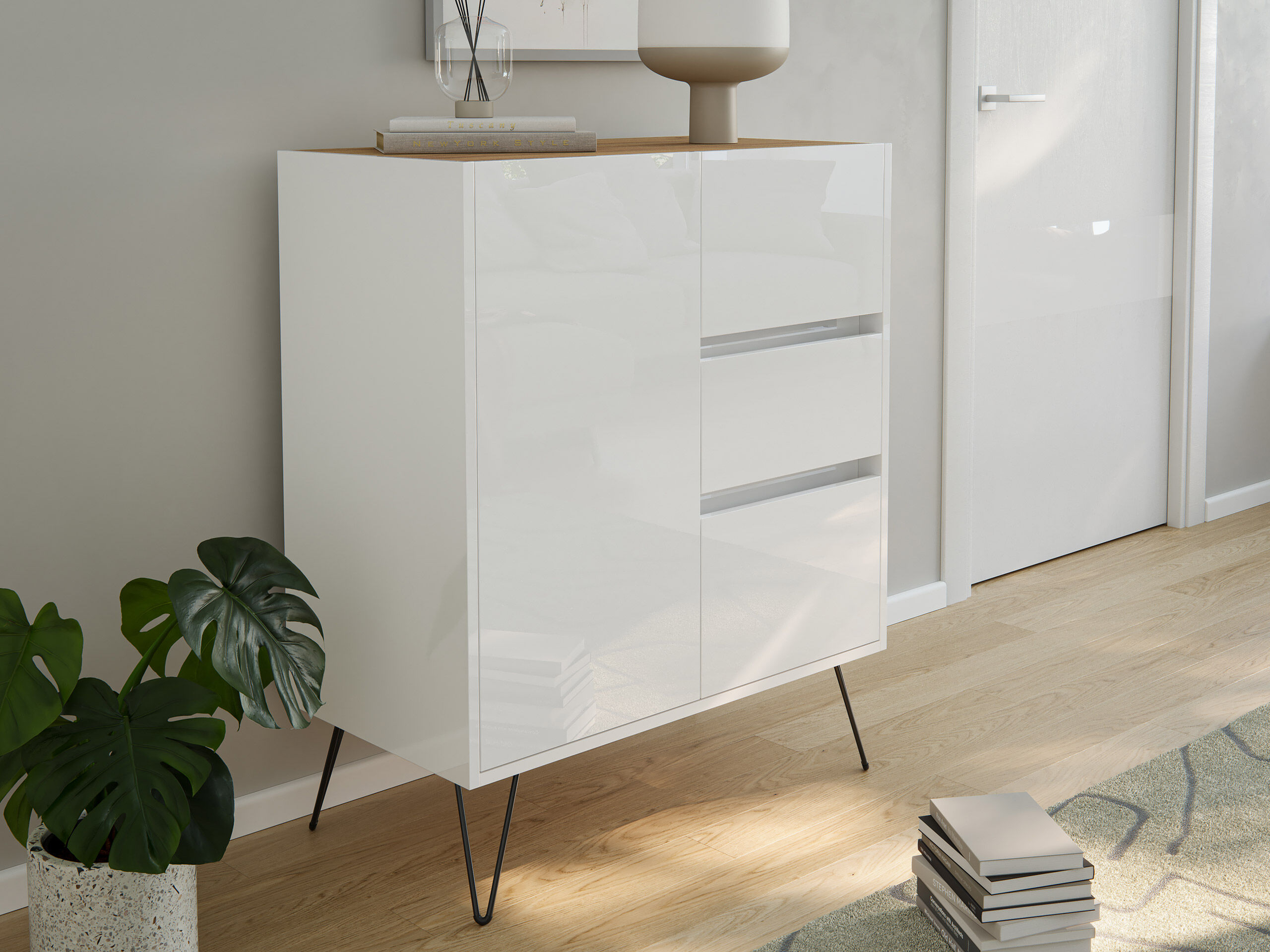 Design Sideboard Kommode Rauk 80cm 3 Greifraum SoftClose 1 Tür Weiß/Eiche Top