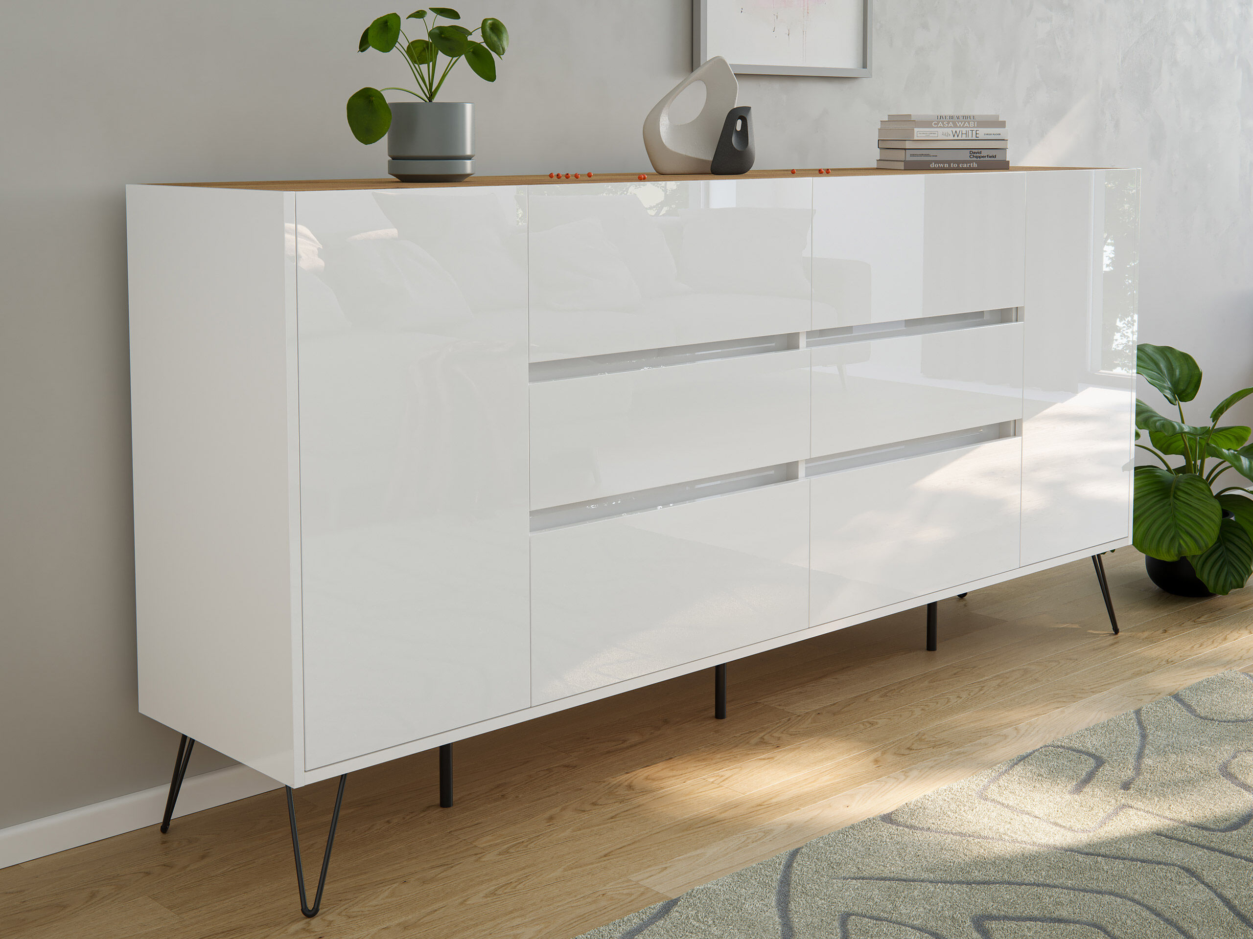 Sideboard Yako XL 200cm 6 SoftClose 2 Türen Weiß/Eiche Top | Weiss hochglanz / Eiche Gold