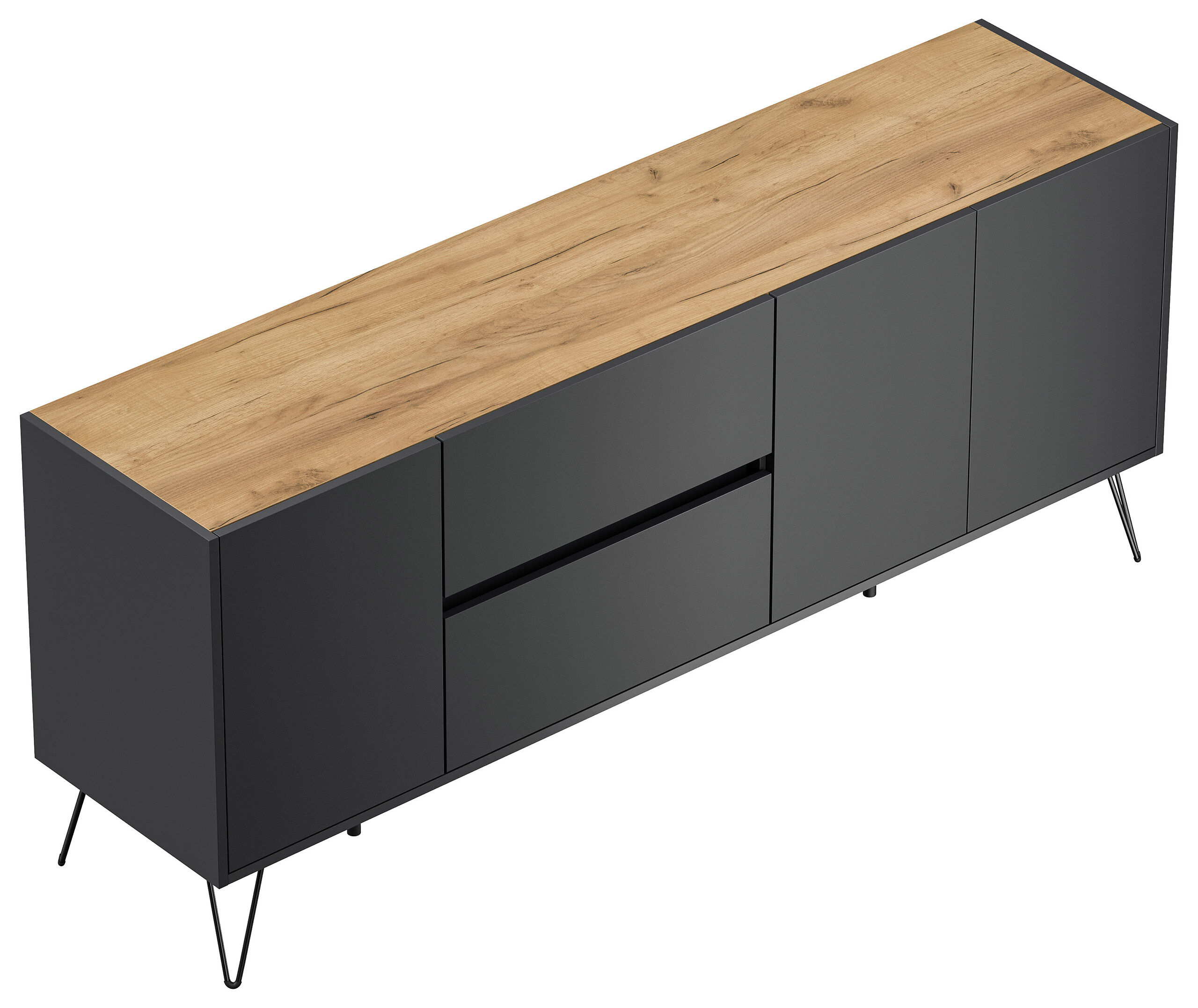 Raumwunder XL Sideboard Kommode Pharo 180cm 2 SoftClose 3 Türen Grafit/Eiche Top
