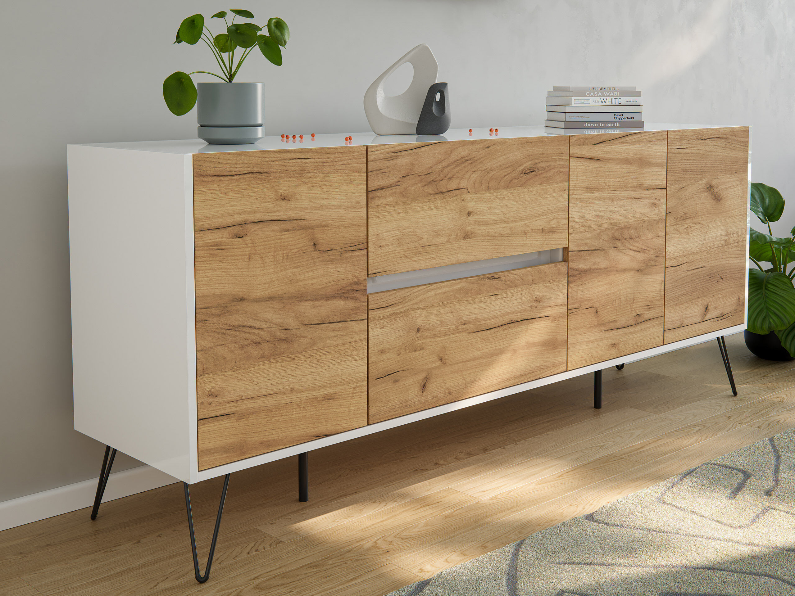 Raumwunder XL Sideboard Kommode Pharo 180cm 2 SoftClose 3 Türen Weiß/Eiche Front