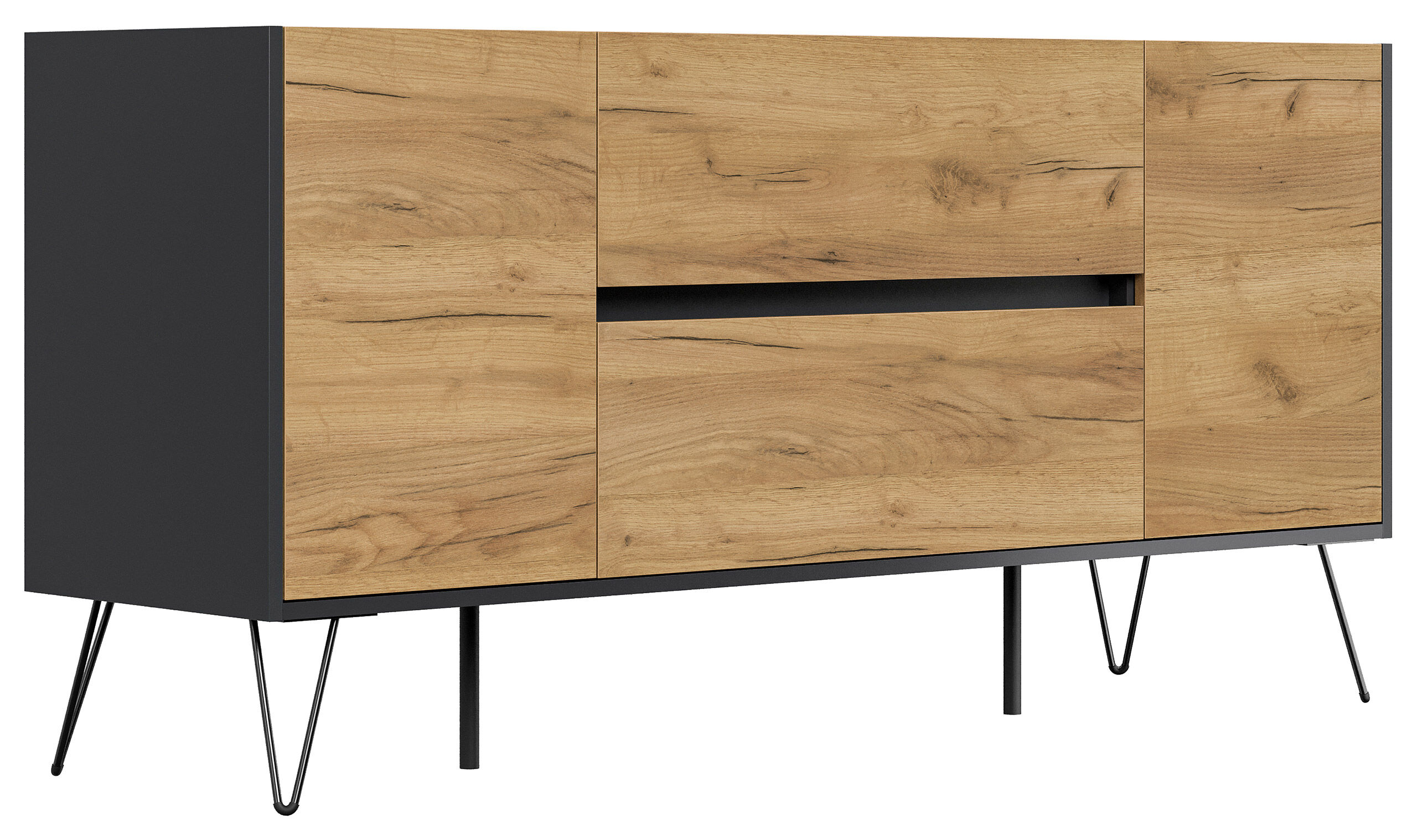 Raumwunder Sideboard Kommode Taran 155cm 2 SoftClose 2 Türen Grafit/Eiche Front