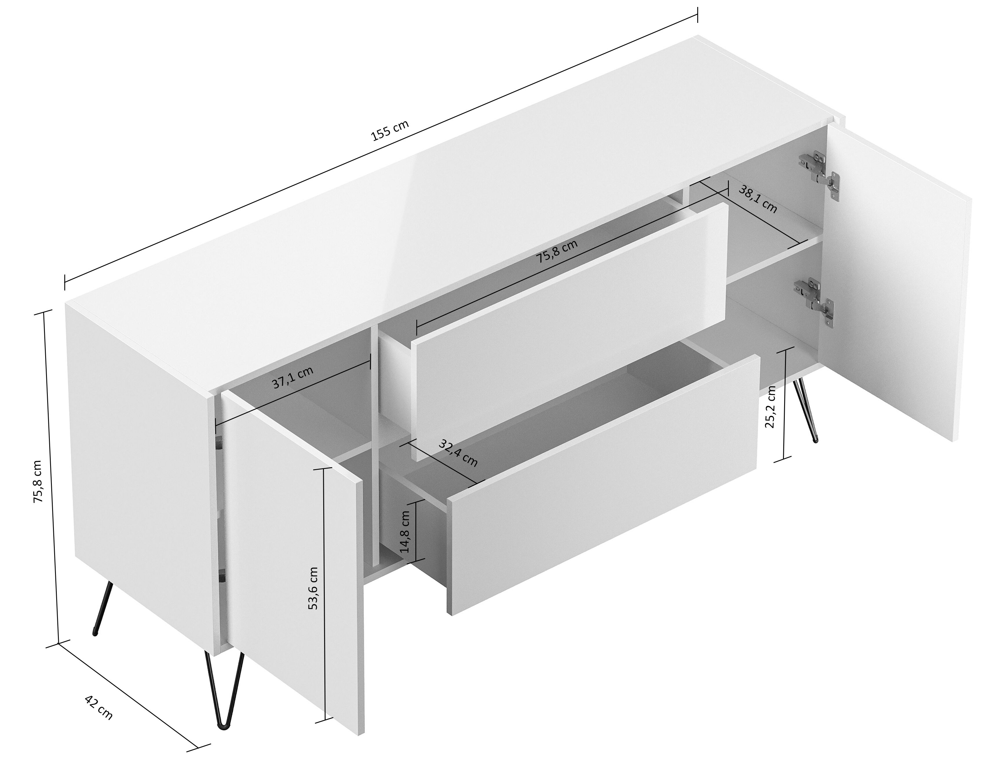 Raumwunder Sideboard Kommode Taran 155cm 2 SoftClose 2 Türen Grafit/Eiche Front