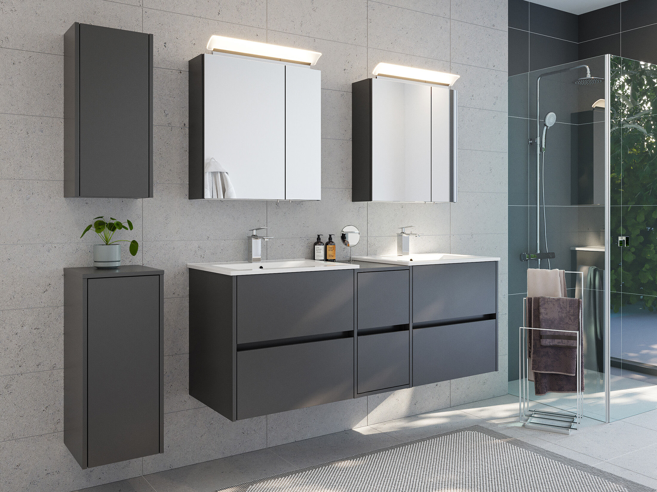 Badmöbelset Taifun 150cm 5tlg mit 2x Spiegelschrank & 2x Badschrank grafit