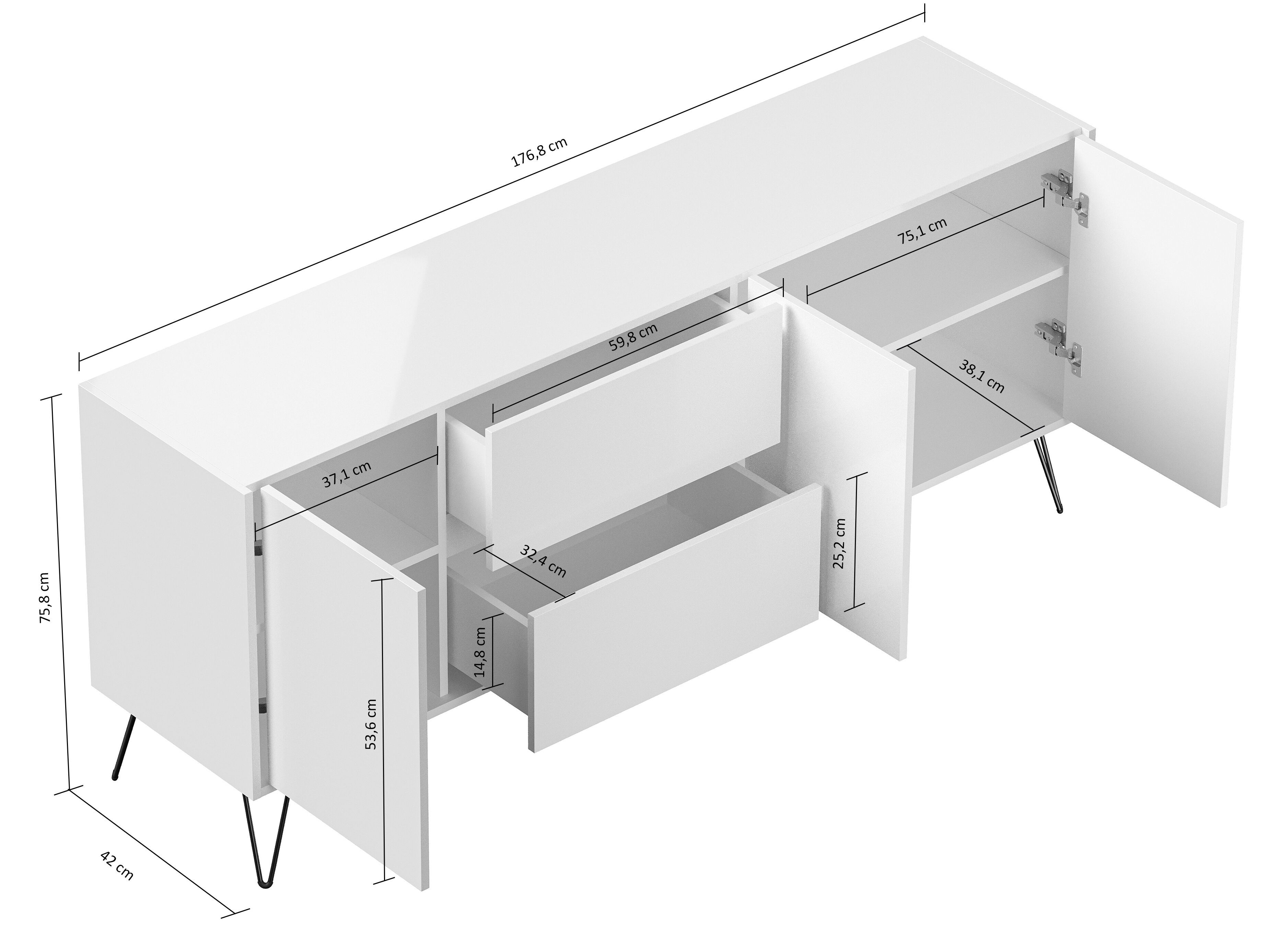 Raumwunder XL Sideboard Kommode Pharo 180cm 2 SoftClose 3 Türen Weiß hochglanz