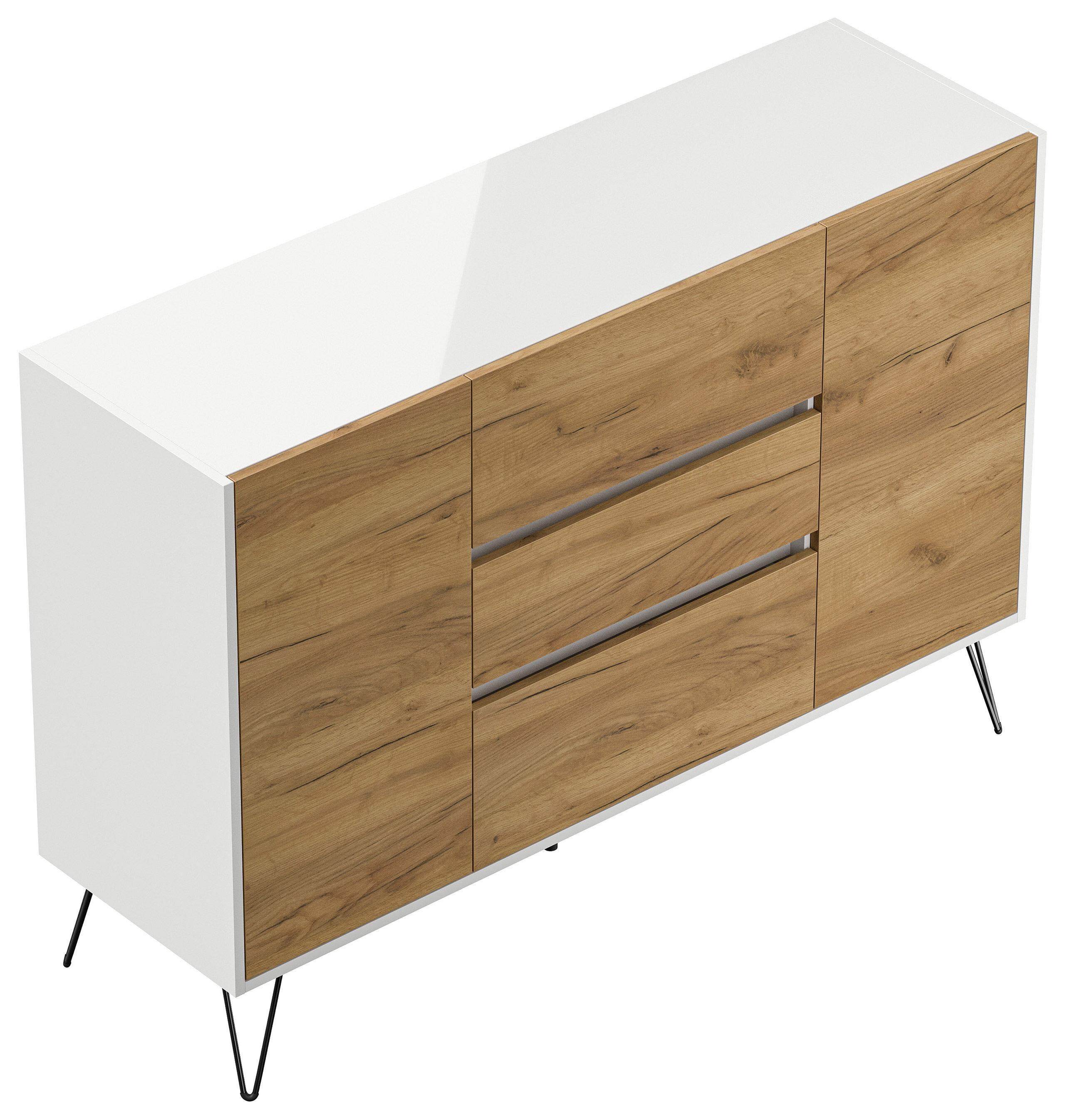 Sideboard Yako XL 140cm 3 SoftClose 2 Türen Weiß/Eiche Front