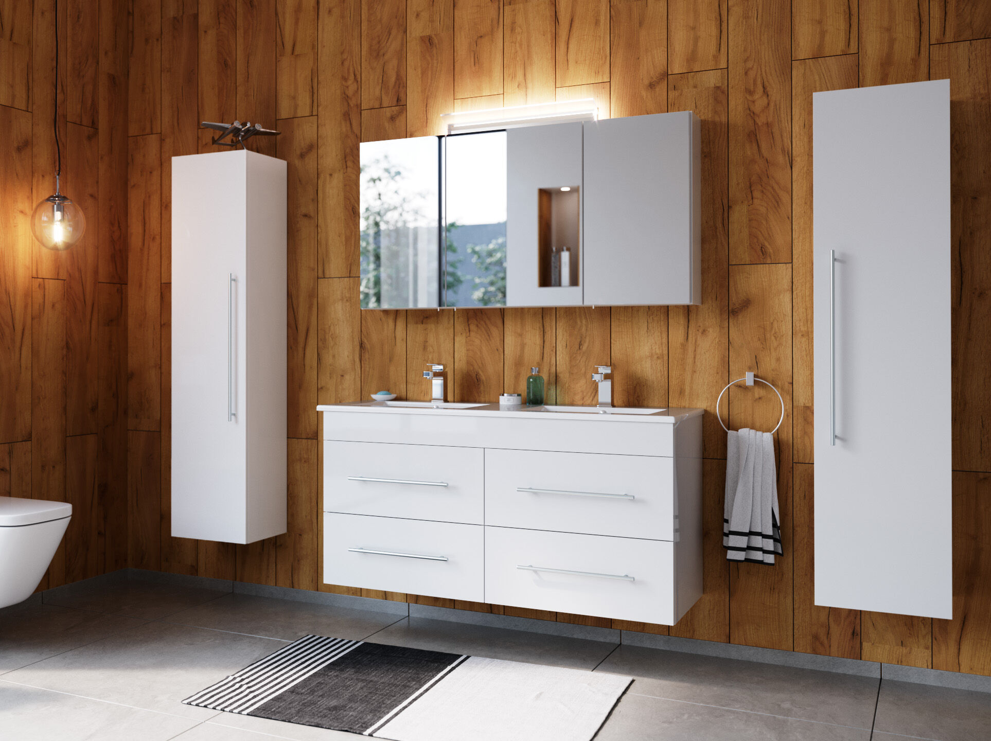 Badmöbelset Helios 4-teilig Spiegelschrank 2x Hochschrank weiss hochglanz