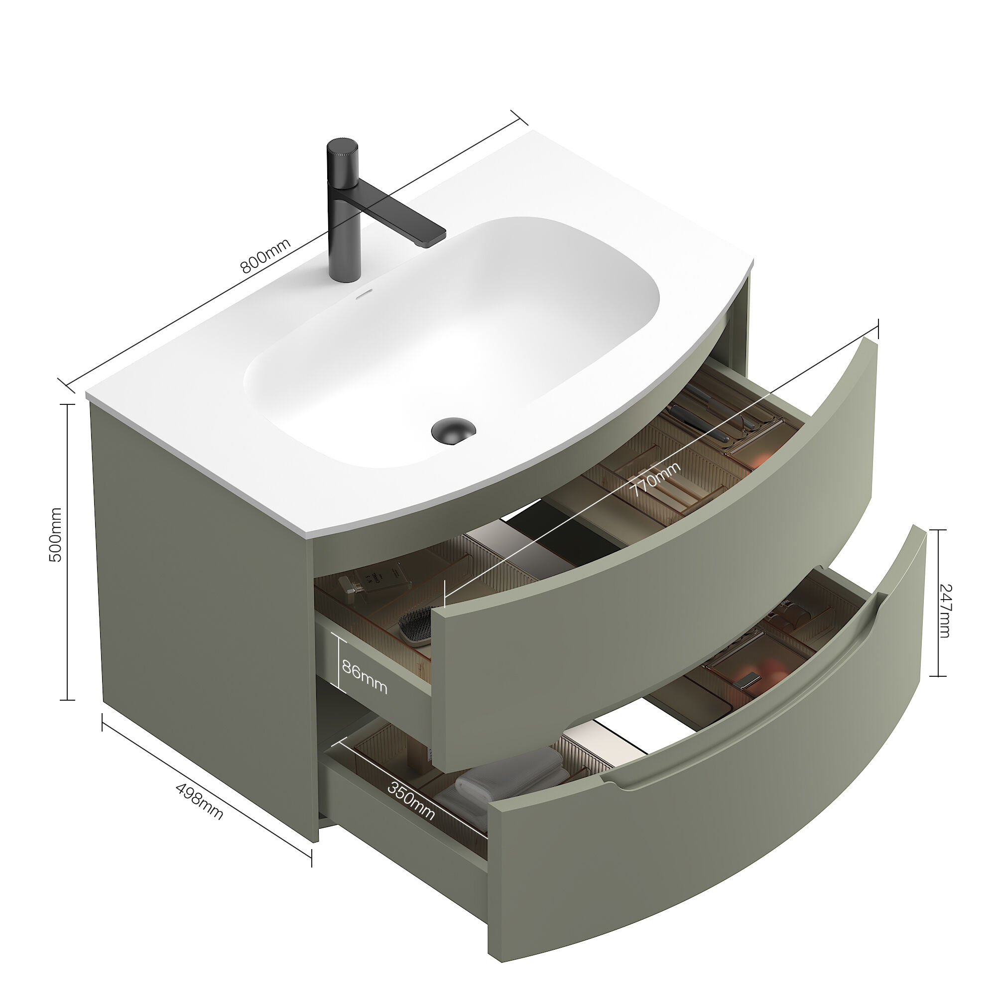Badmöbel Set Riva 3tlg. 80 cm mit Spiegelschrank montiert grün matt