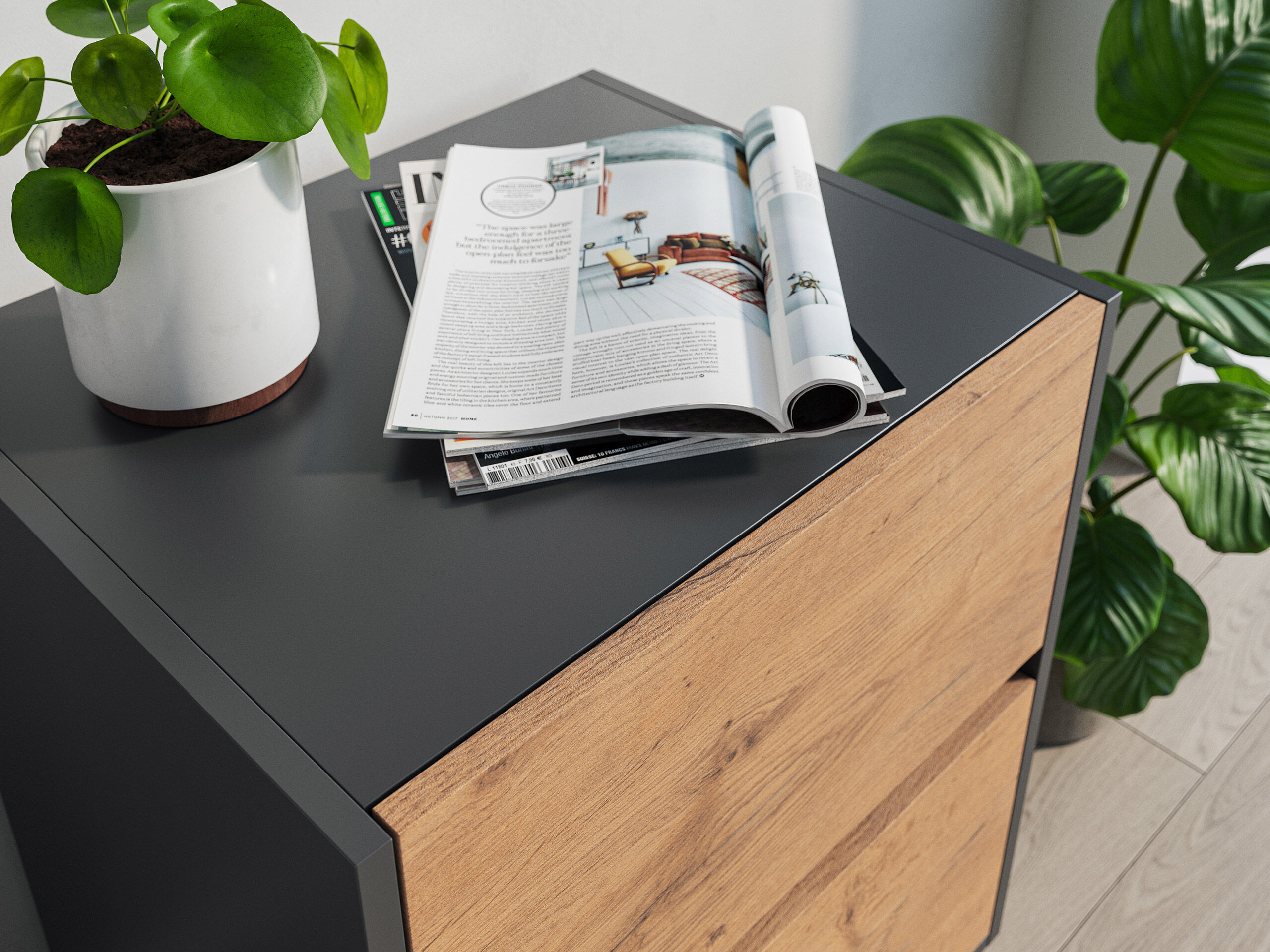 Nachttisch Yako 50cm 2 SoftClose stehend Weiß & Eiche Front