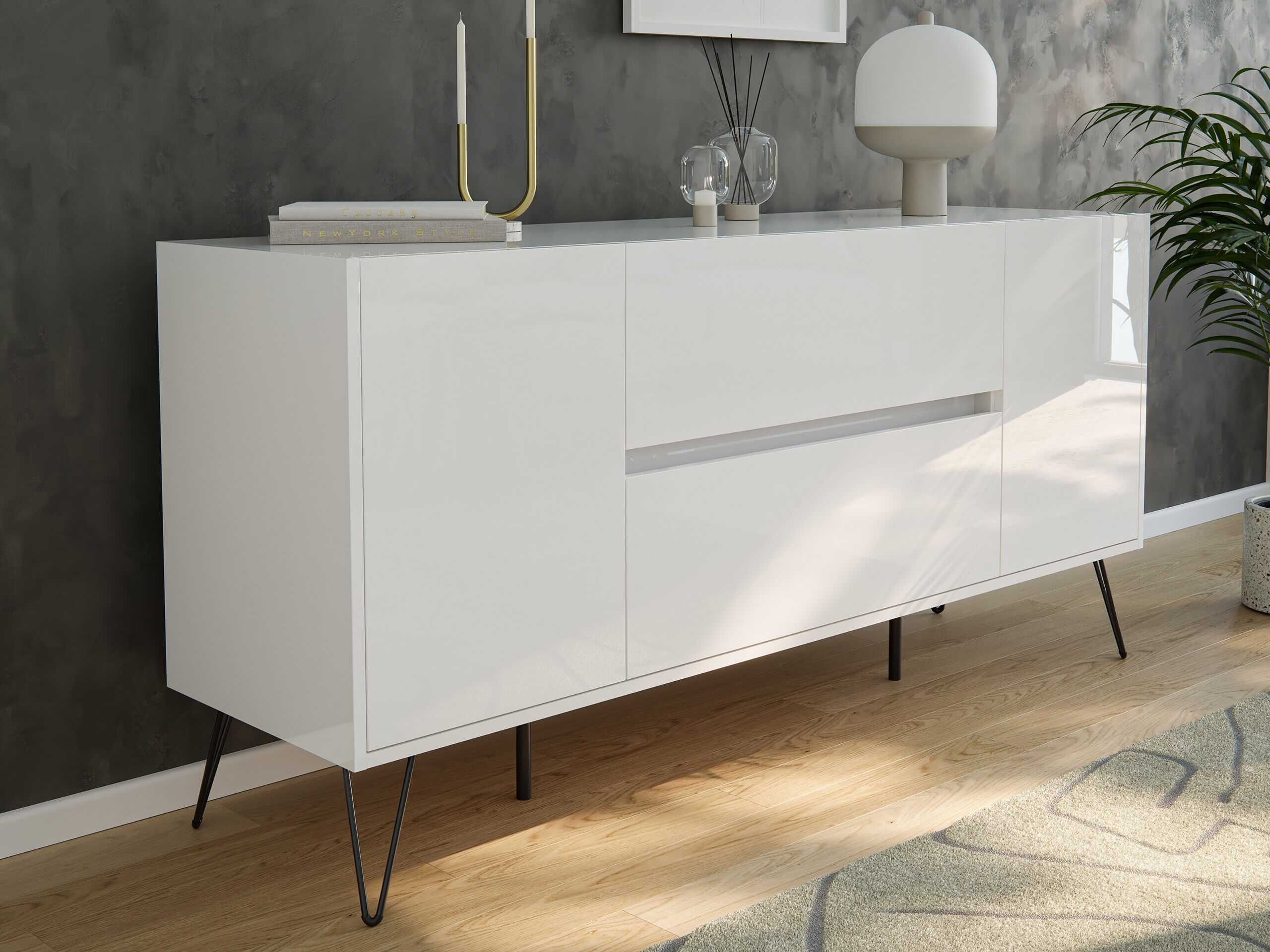 Sideboard Yako 155cm 2 SoftClose 2 Türen Weiß hochglanz | Weiss hochglanz