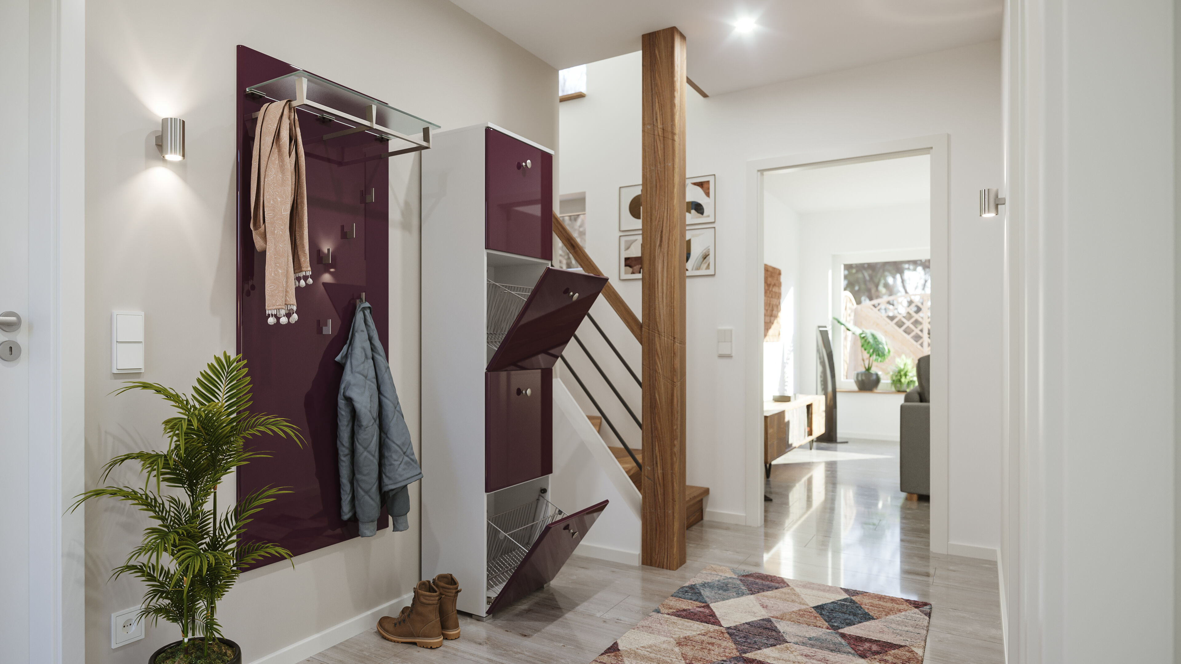 Garderobe Set 012 Frisco 2 tlg Schuhschrank 4 Klappen 16 Paar Weiss-Brombeer