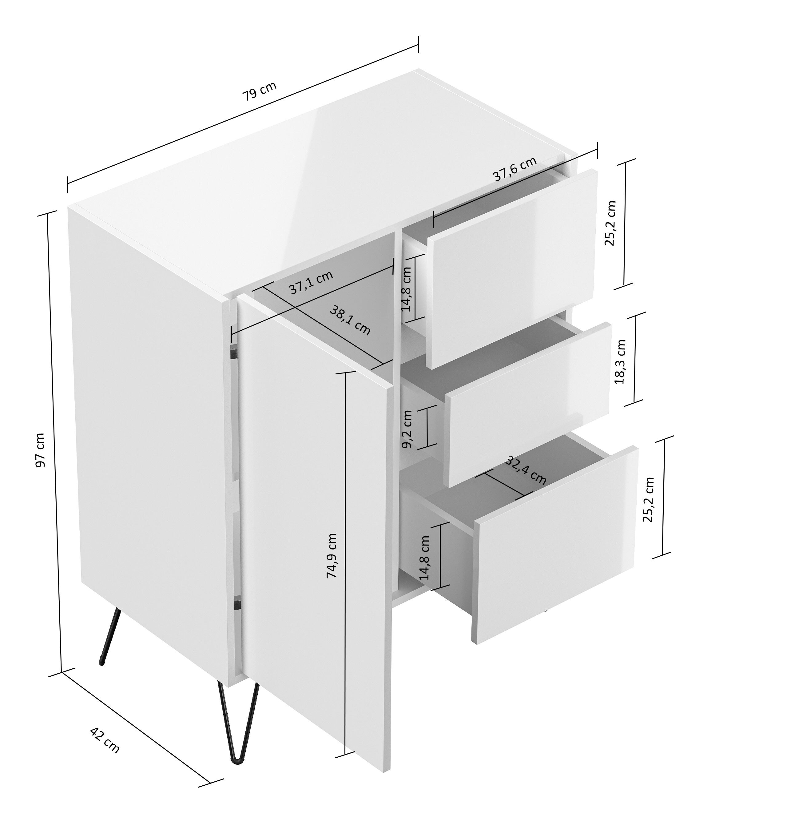 Design Sideboard Kommode Rauk 80cm 3 Greifraum SoftClose 1 Tür Weiß/Eiche Top