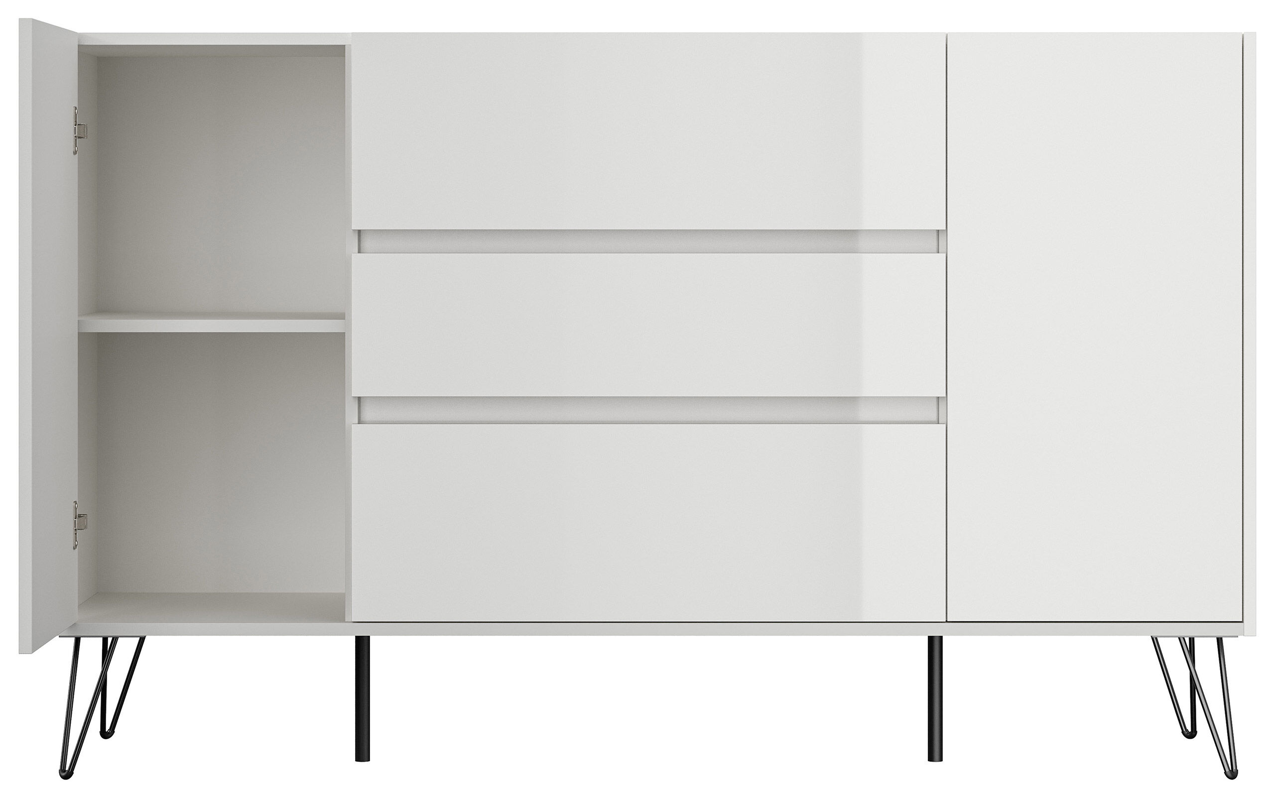 Sideboard Kommode Lovo 155cm Greifraum 3 SoftClose 2 Türen Weiß/Eiche Front