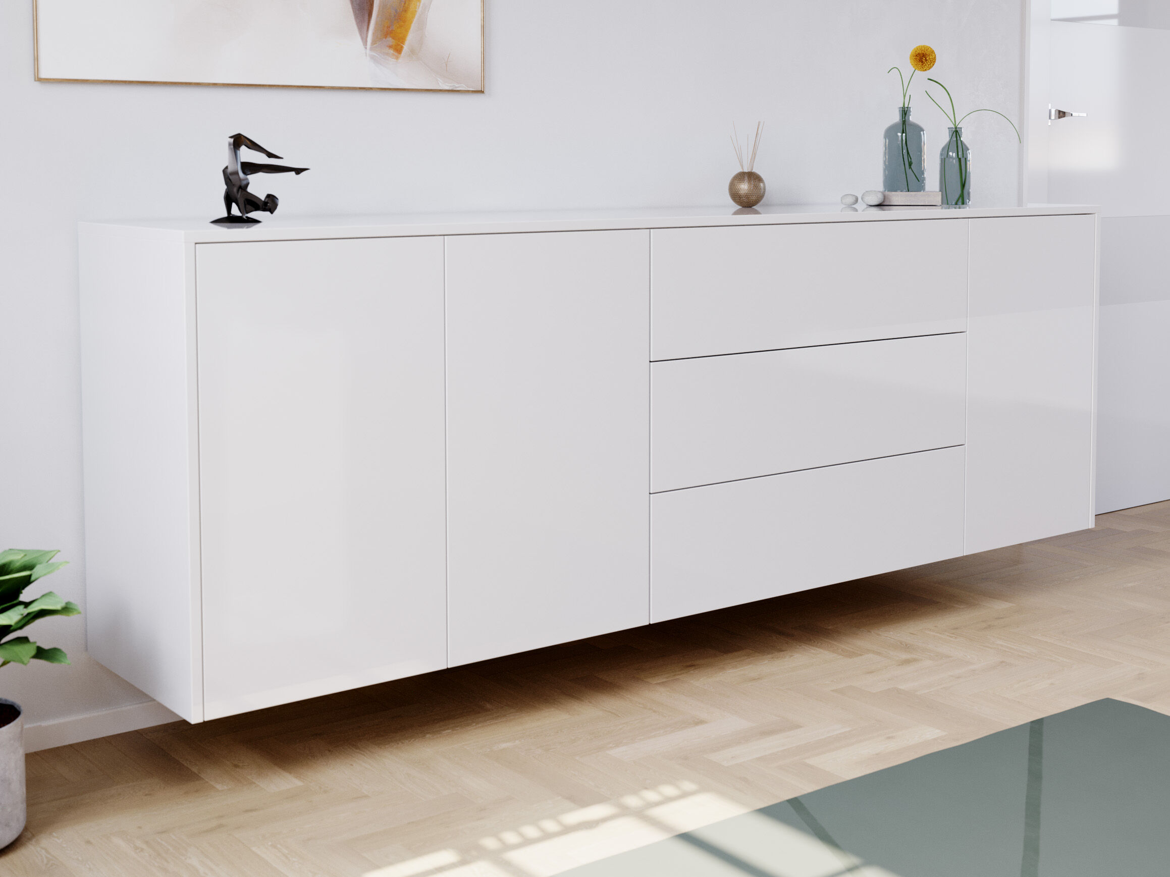 Sideboard Silia B hängend 200cm 3 Türen 3 Pushauszüge Weiß Hgl | Weiss hochglanz