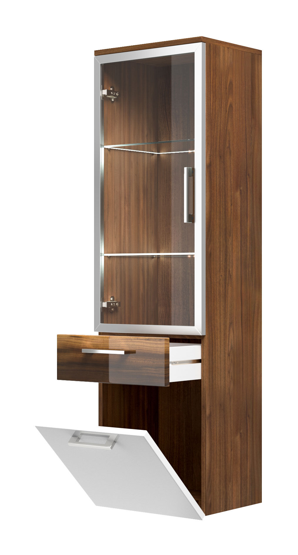 Hochschrank Rima 135 cm mit Glastür Weiss hochglanz/Walnuss hochglanz