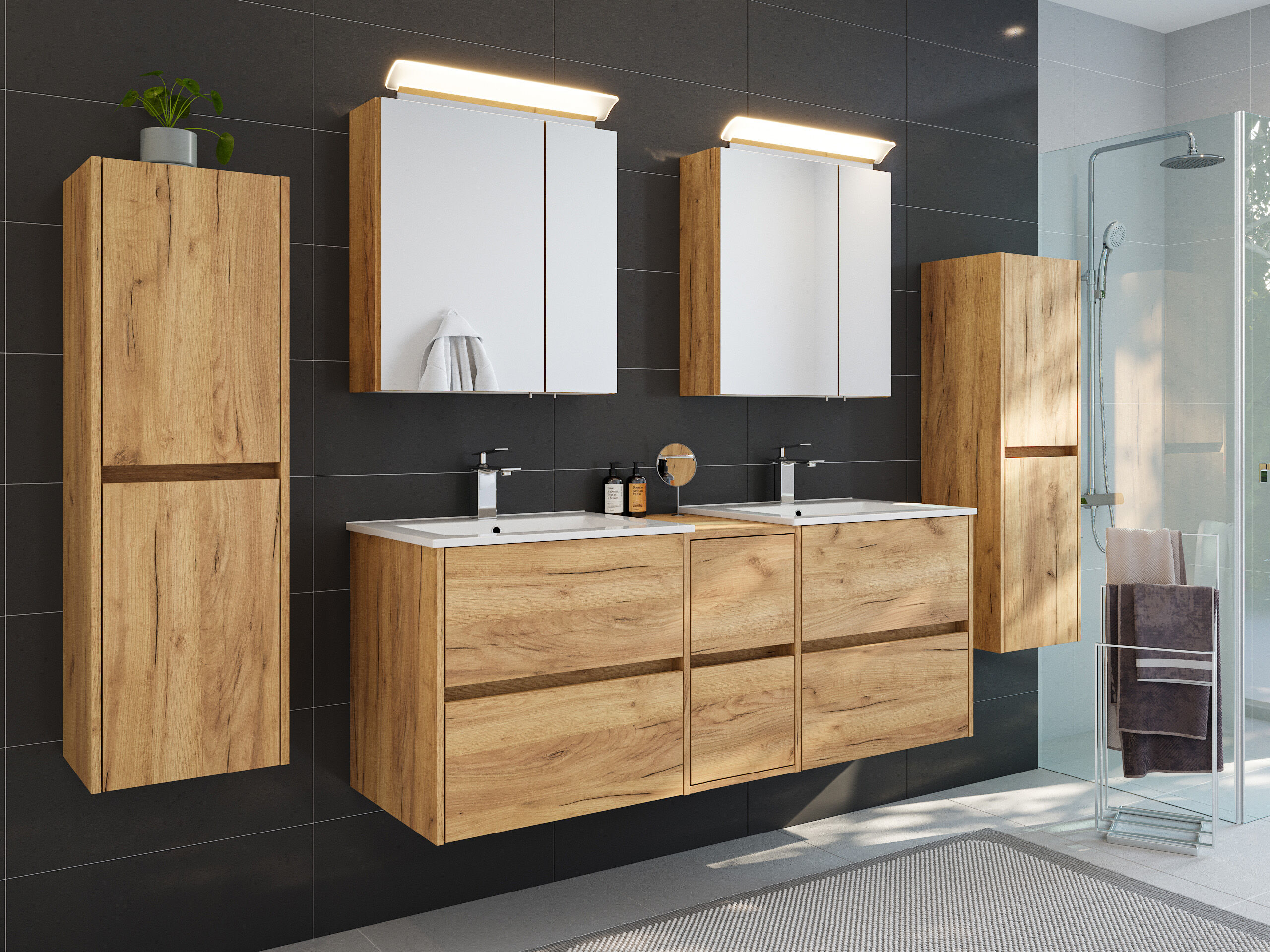 Badmöbelset Taifun 150cm 5tlg mit 2x Spiegelschrank & 2x Seitenschrank eiche