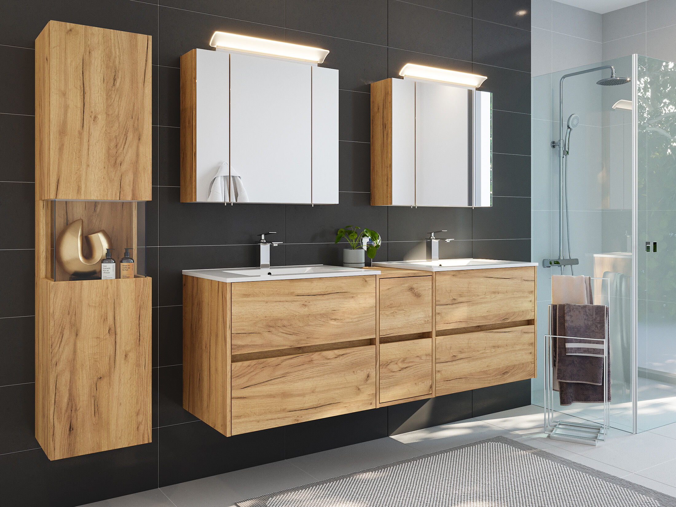 Badmöbelset Taifun 170cm 4tlg mit 2x Spiegelschrank & Seitenschrank eiche gold