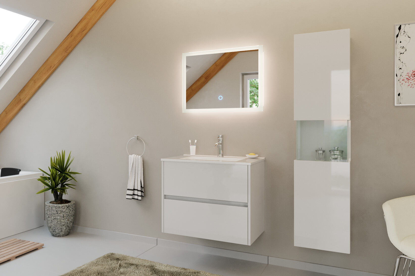 Badmöbel Set Taifun 3tlg. 70cm mit LED Spiegel & Hochschrank weiß Hgl