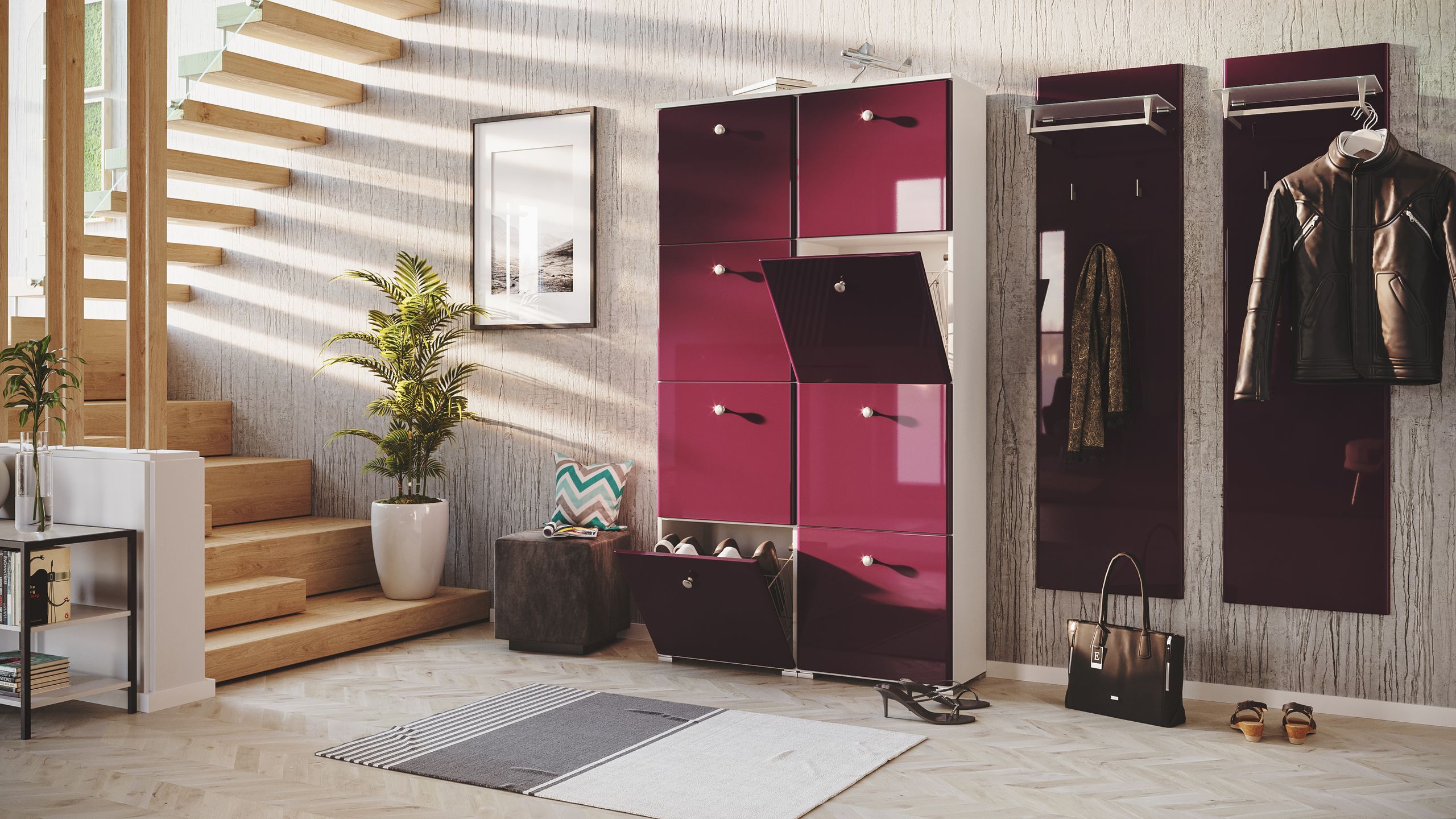 Garderobe Set 110 Ventura 3 tlg Schuhschrank 8 Klappen 32 Paar Weiss-Brombeer