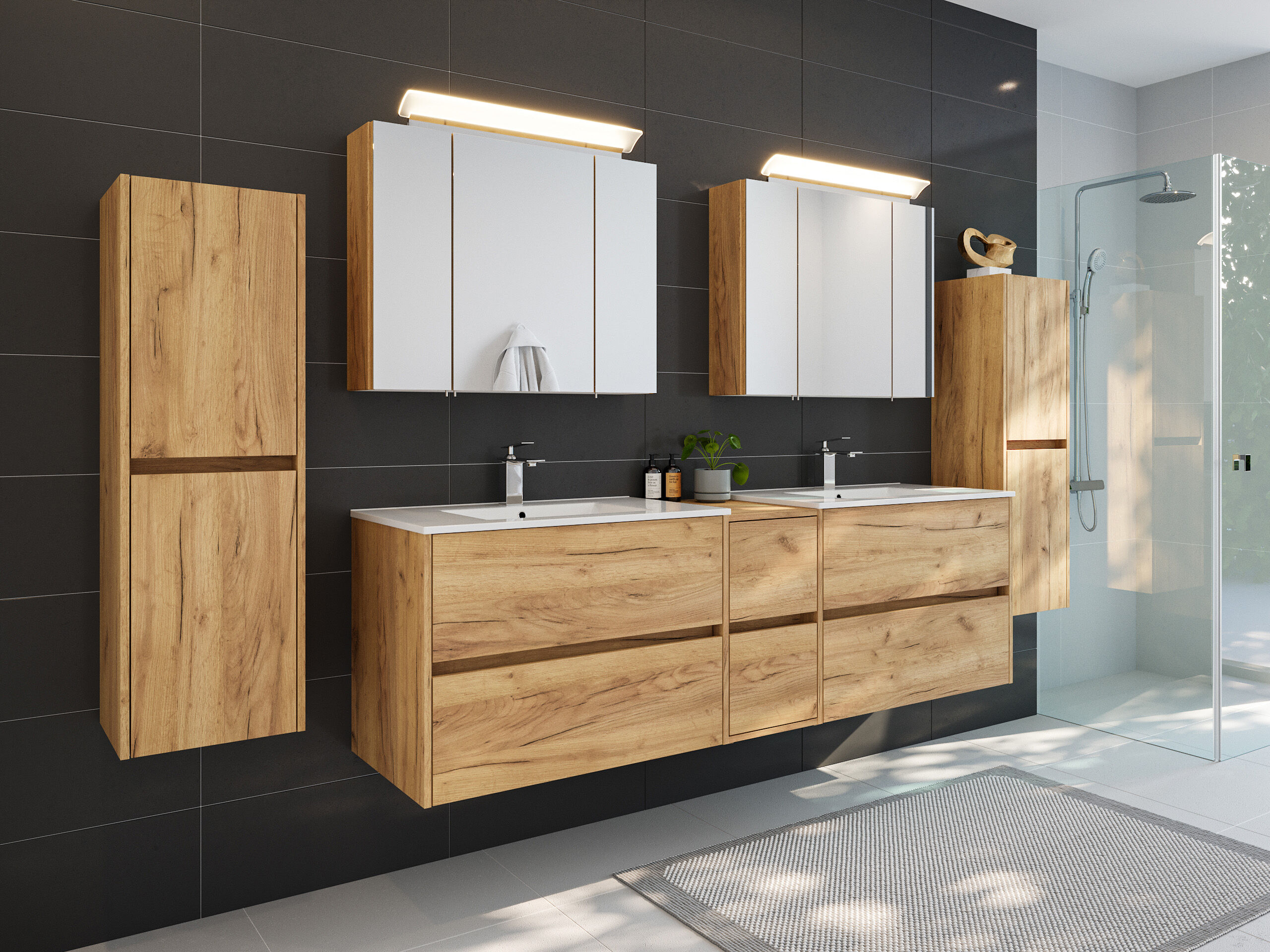 Badmöbelset Taifun 190cm 5tlg mit 2x Spiegelschrank & 2x Seitenschrank eiche