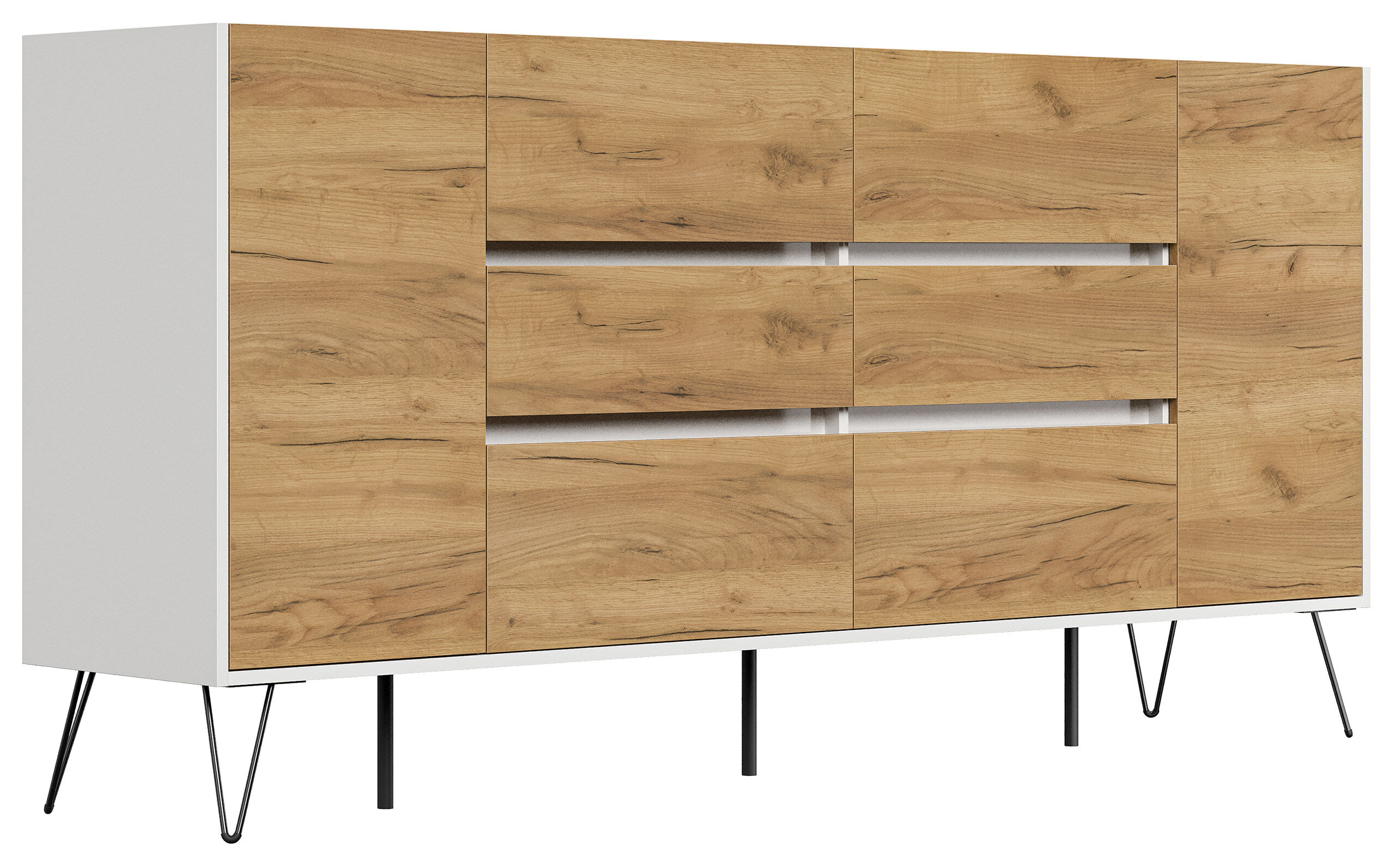 Sideboard Kommode Yako 200cm Greifraum 6 SoftClose 2 Türen Weiß/Eiche Front