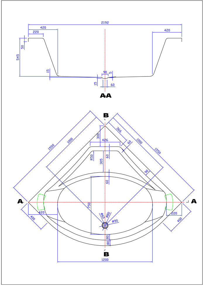 Eck Badewanne Titan 155x155x72 