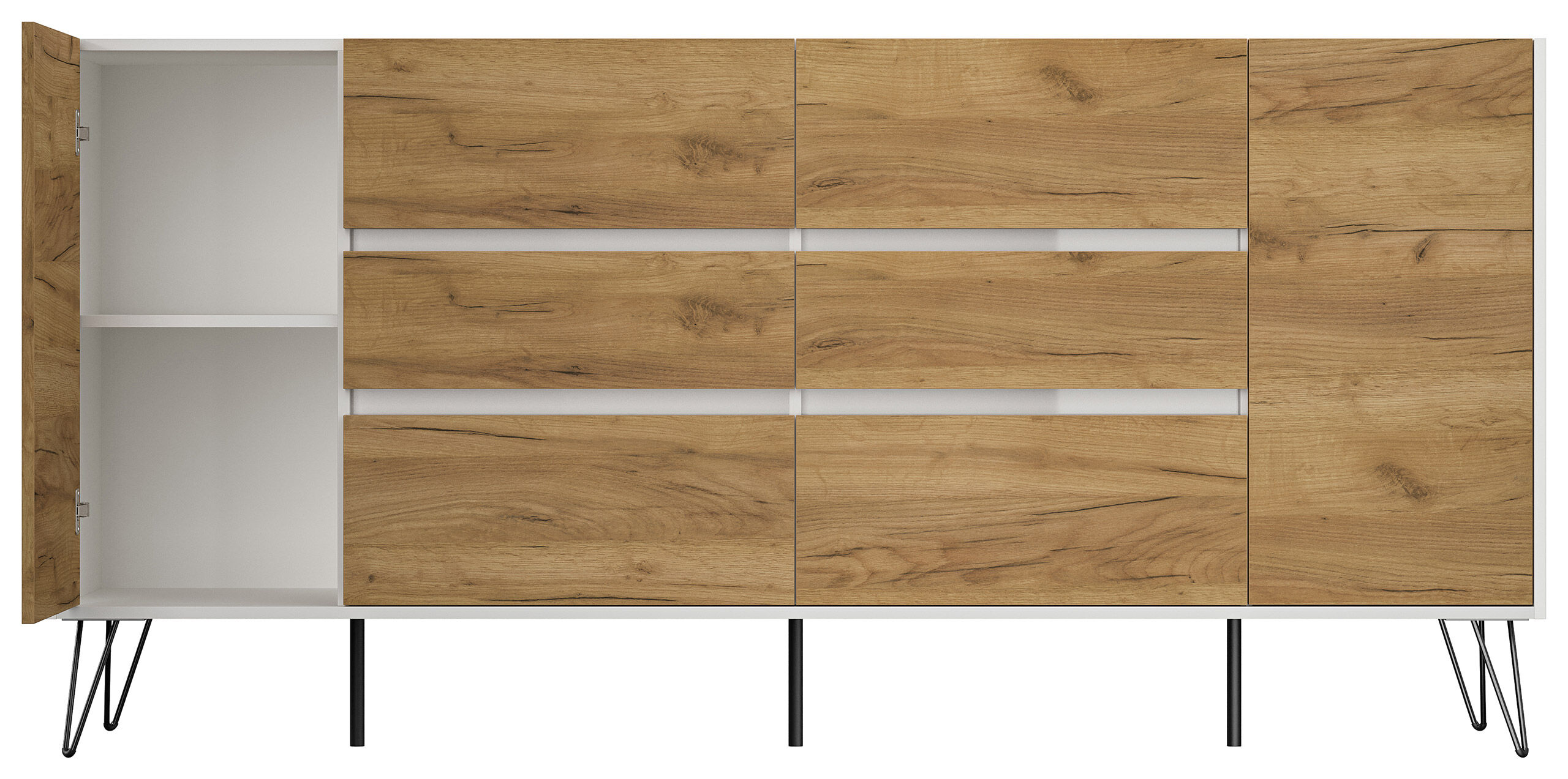 Sideboard Kommode Yako 200cm Greifraum 6 SoftClose 2 Türen Weiß/Eiche Front