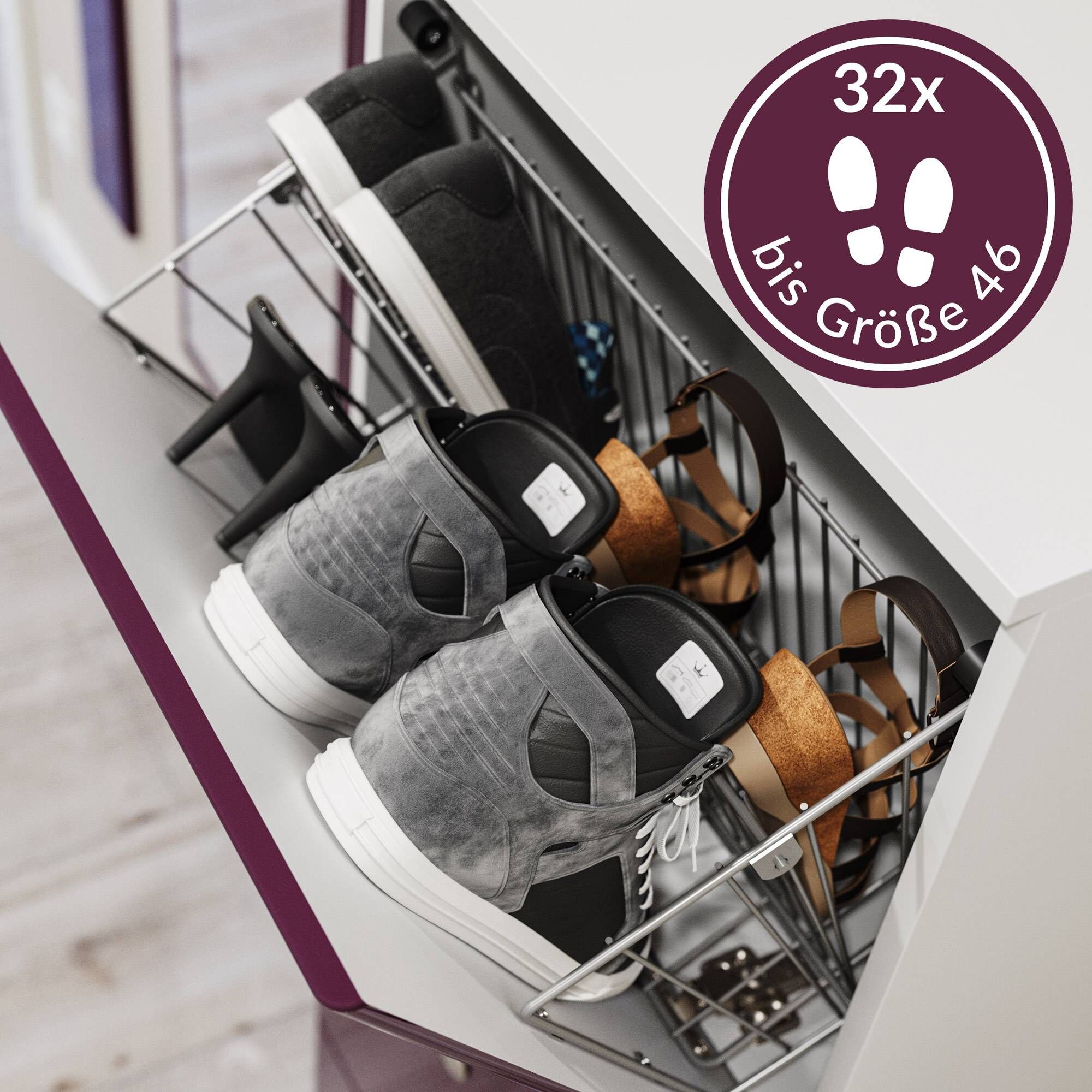 Garderobe Set 110 Ventura 3 tlg Schuhschrank 8 Klappen 32 Paar Weiss-Brombeer