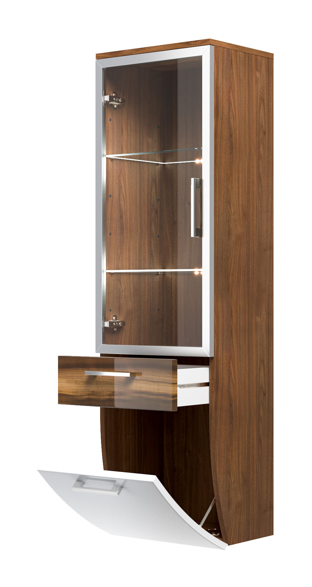 Hochschrank Rima 135 cm mit Glastür rund Weiss hochglanz/Walnuss hochglanz