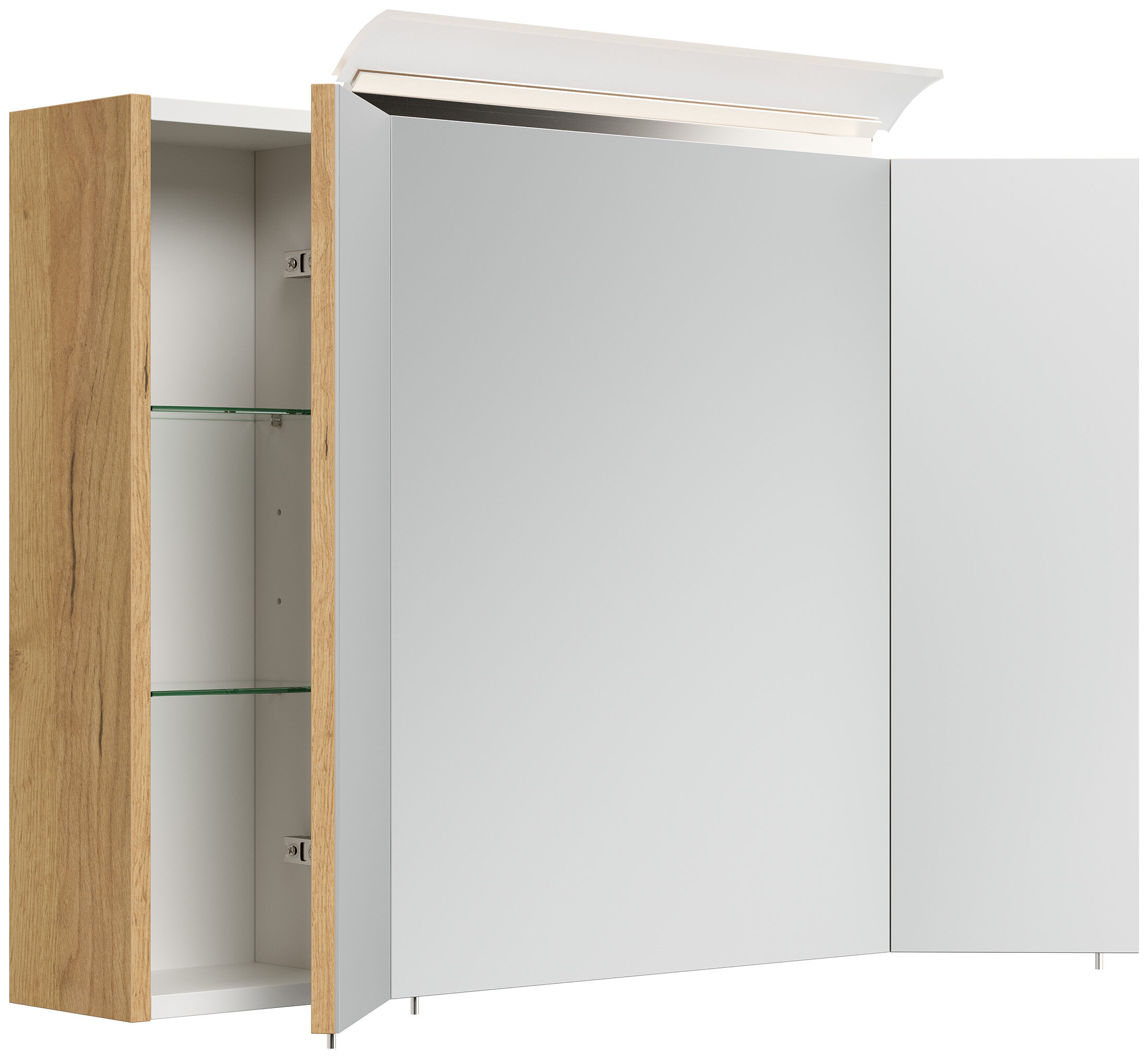 Spiegelschrank 90cm inkl. Design LED-Lampe und Glasböden weiss hochglanz