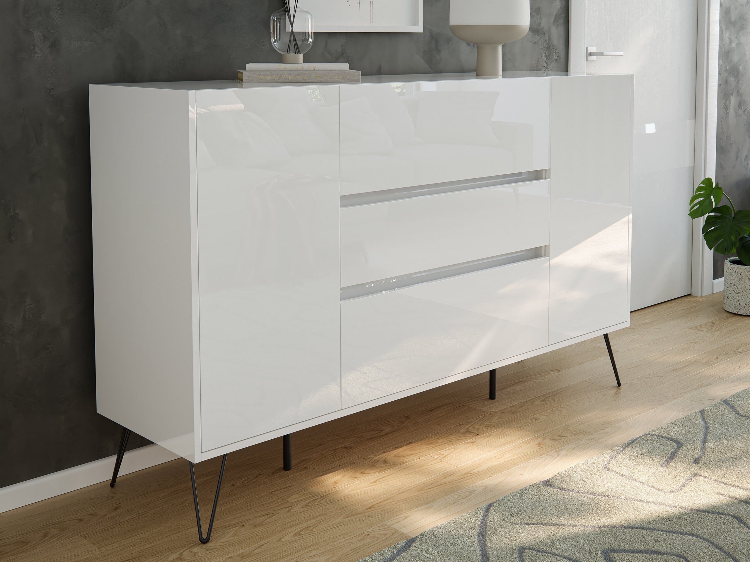 Sideboard Kommode Lovo 155cm Greifraum 3 SoftClose 2 Türen Weiß/Eiche Front