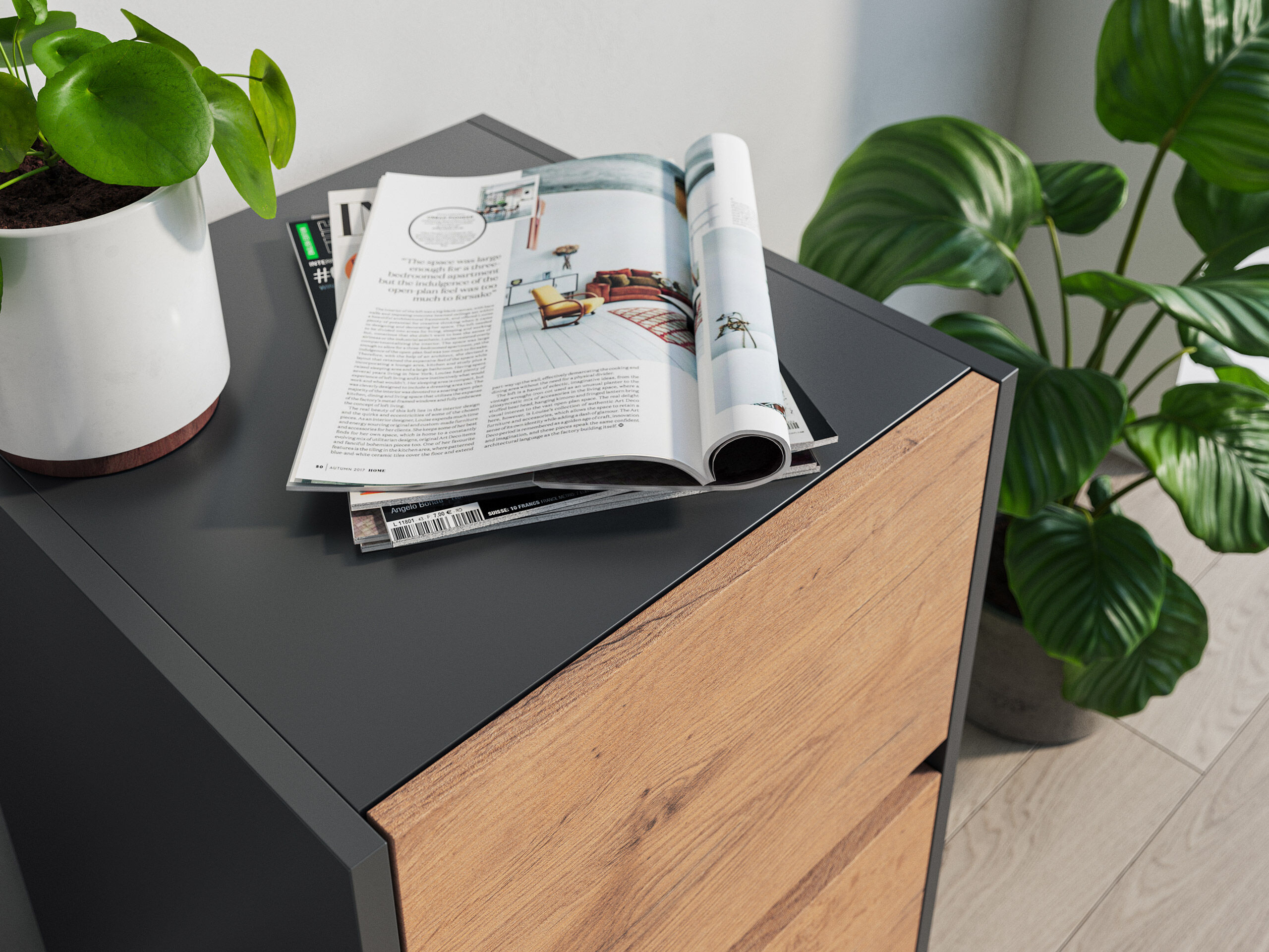 Nachttisch Yako 40cm 2 SoftClose stehend Weiß & Eiche Top