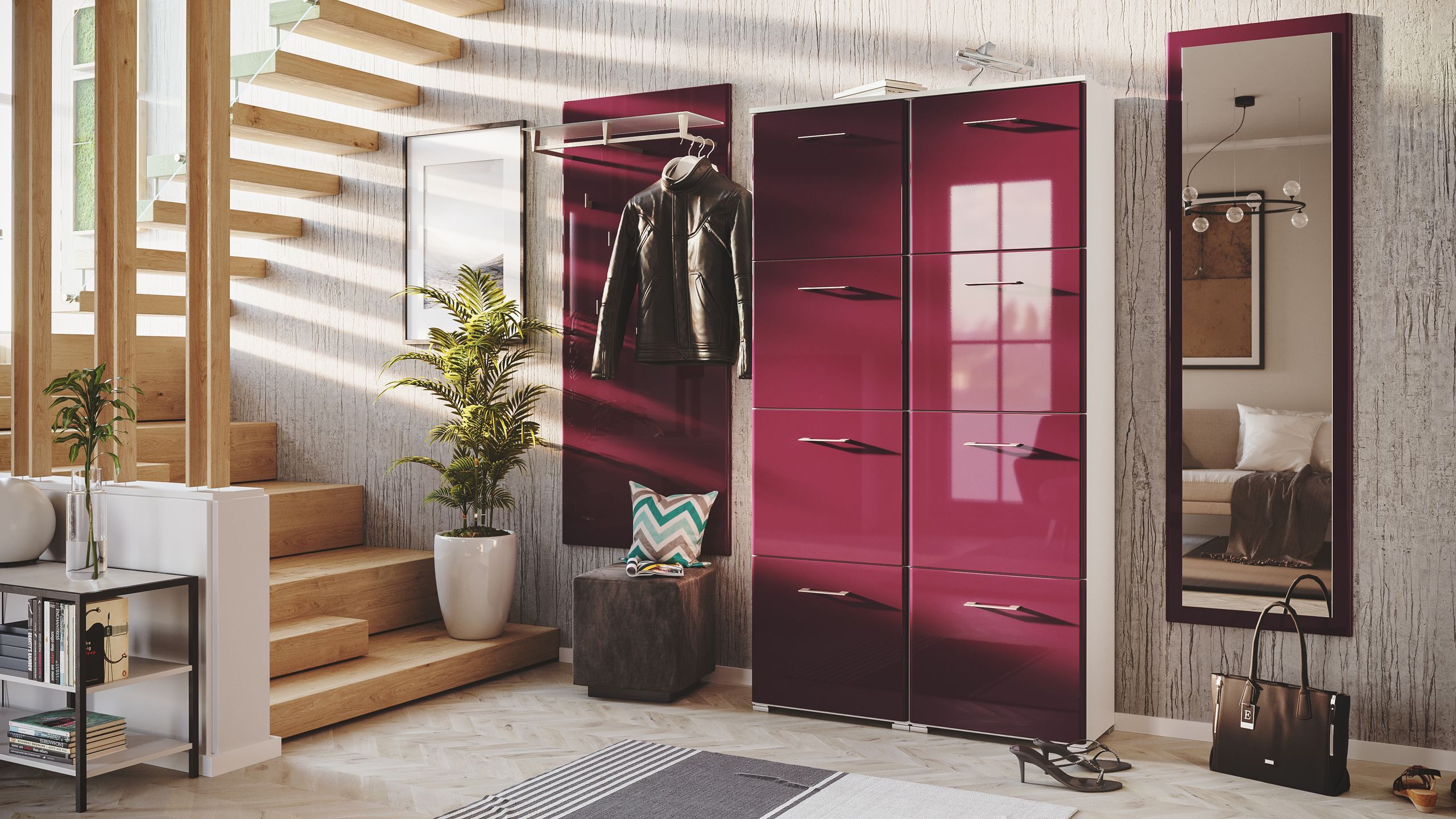Garderobe Set 112 Dobele 3 tlg Schuhschrank 8 Klappen 32 Paar Weiss-Brombeer | Weissmatt / Brombeere hochglanz