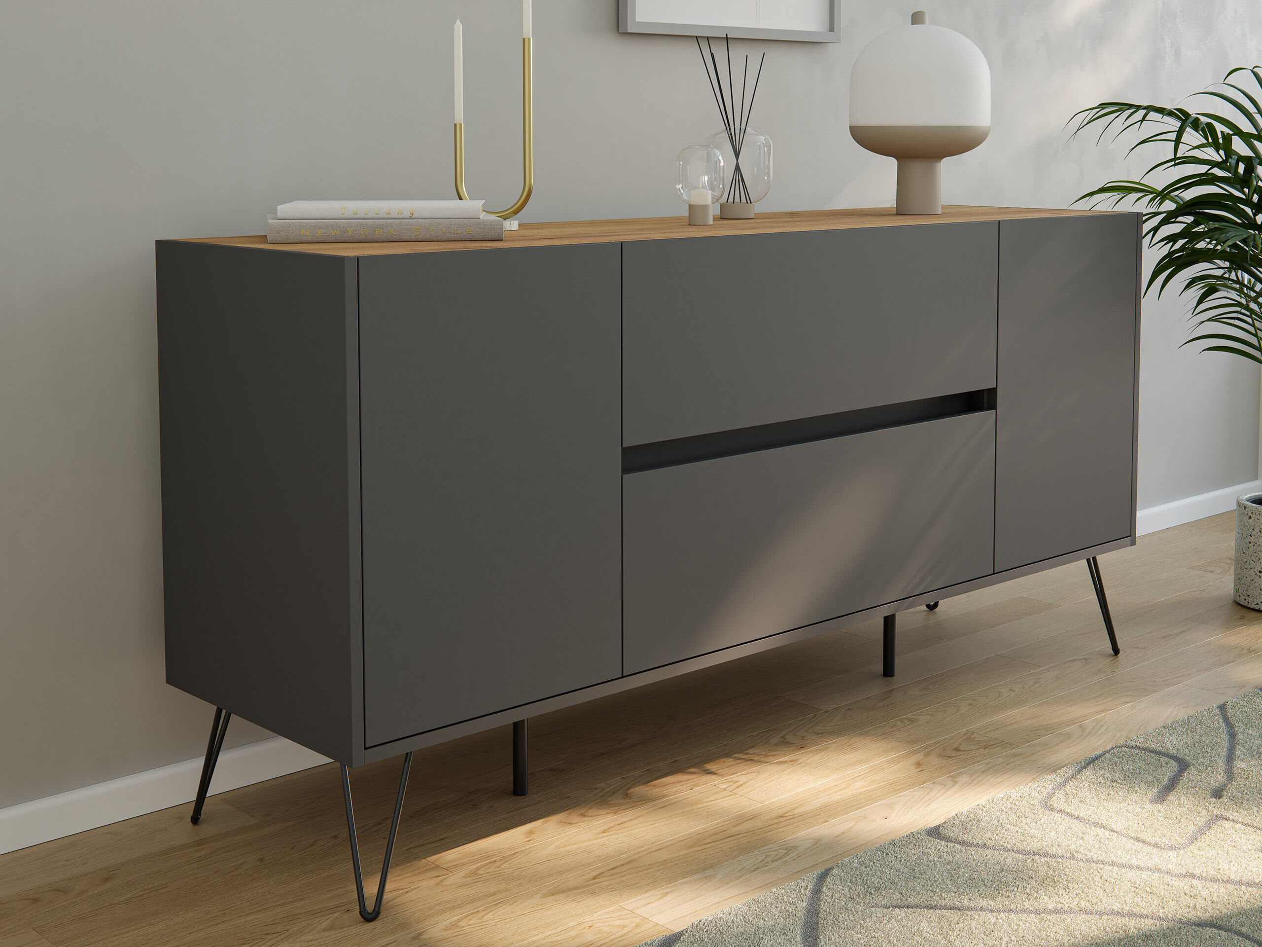 Sideboard Yako 155cm 2 SoftClose 2 Türen Grafit/Eiche Top
