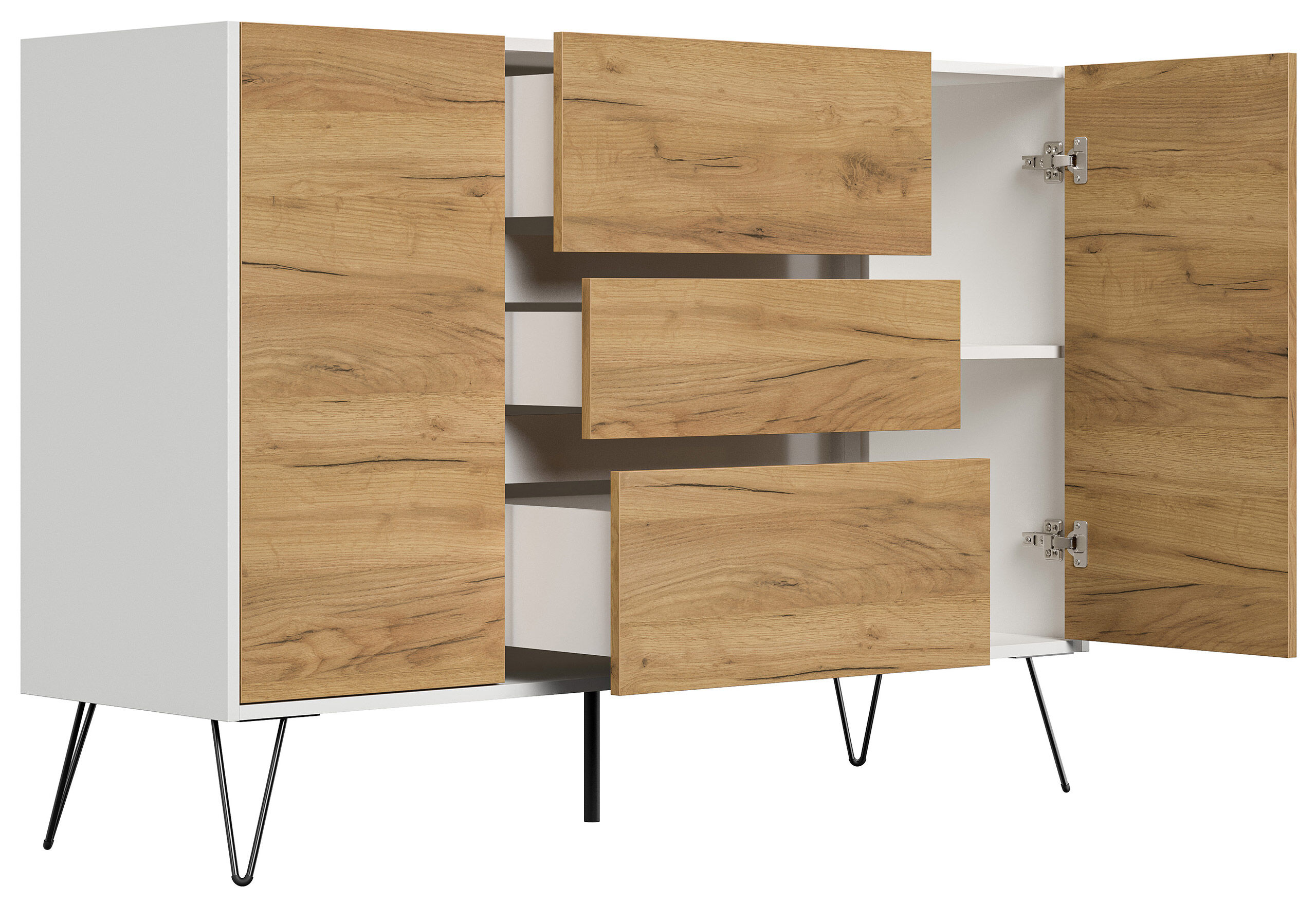 Sideboard Yako XL 140cm 3 SoftClose 2 Türen Weiß/Eiche Front