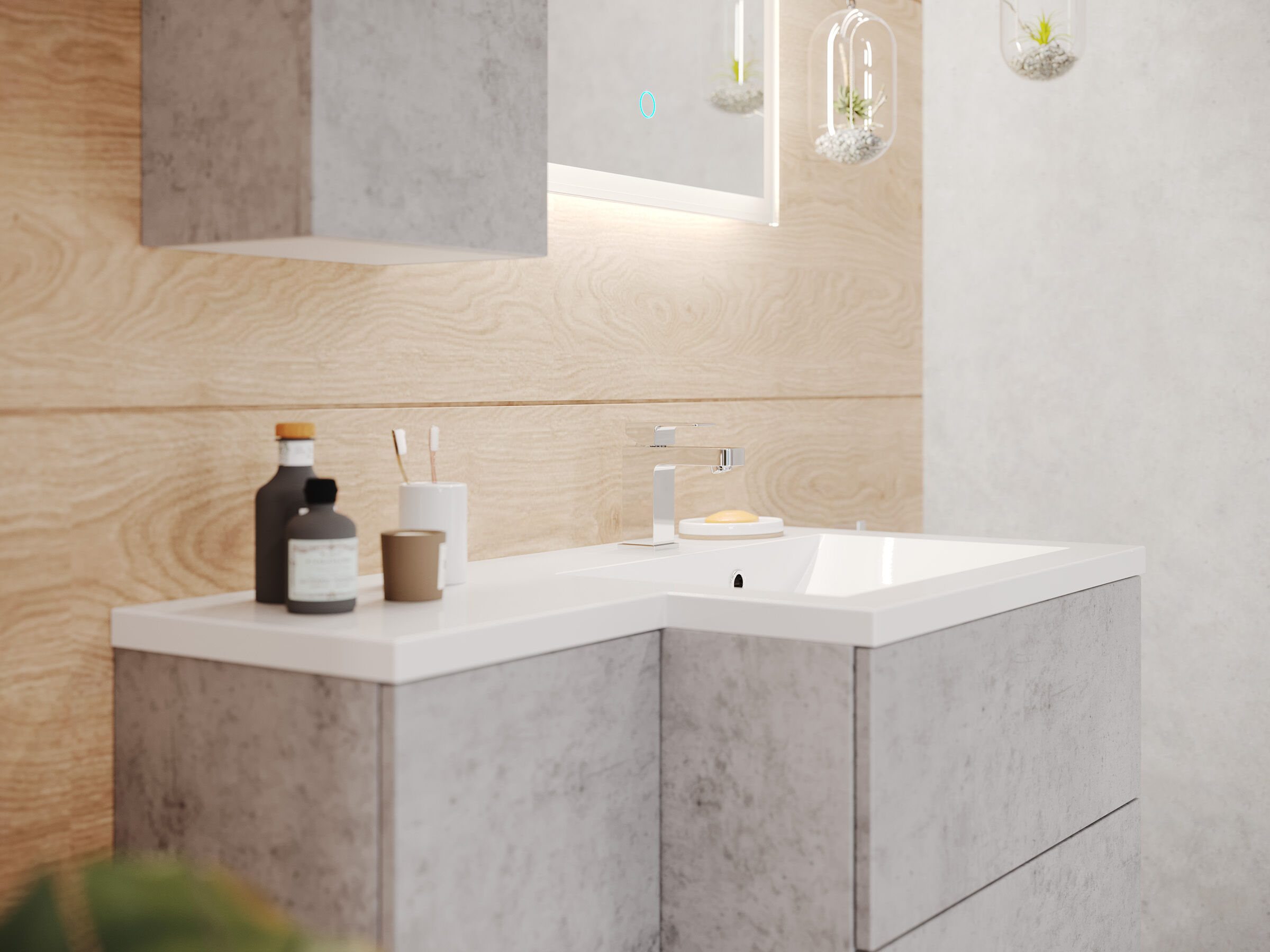 Badblock Adelia links 3er Set LED-Spiegel Hängeschrank beton