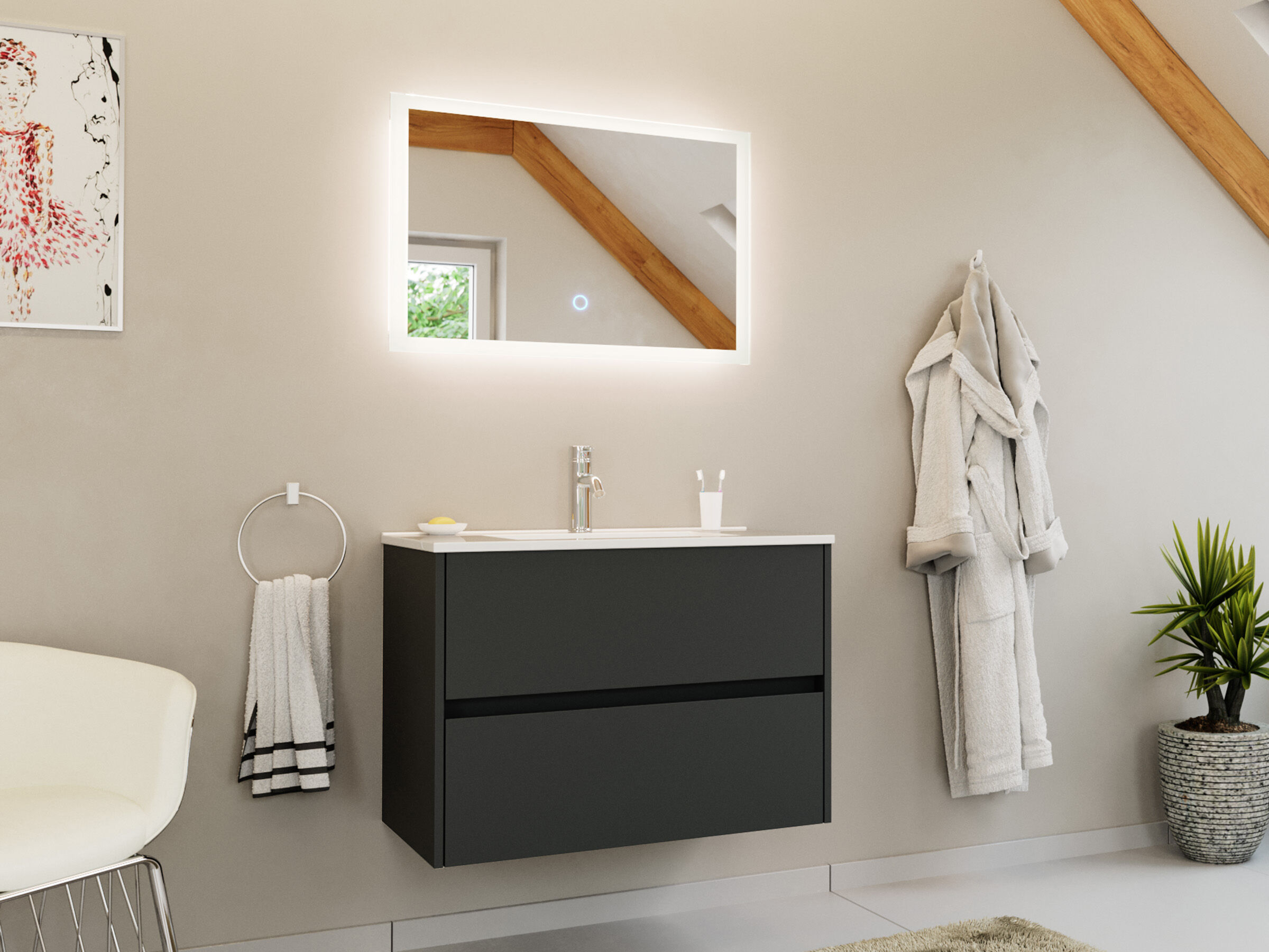 Badmöbelset Taifun 80cm 2 tlg. Waschtisch & LED Spiegel eiche gold