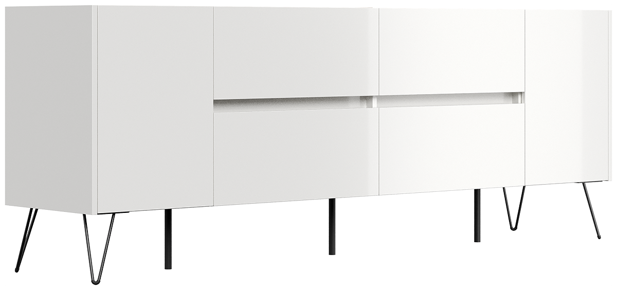 Sideboard Yako 200cm 2 Türen 4 Schubladen Weiß Hgl mit Eiche Top