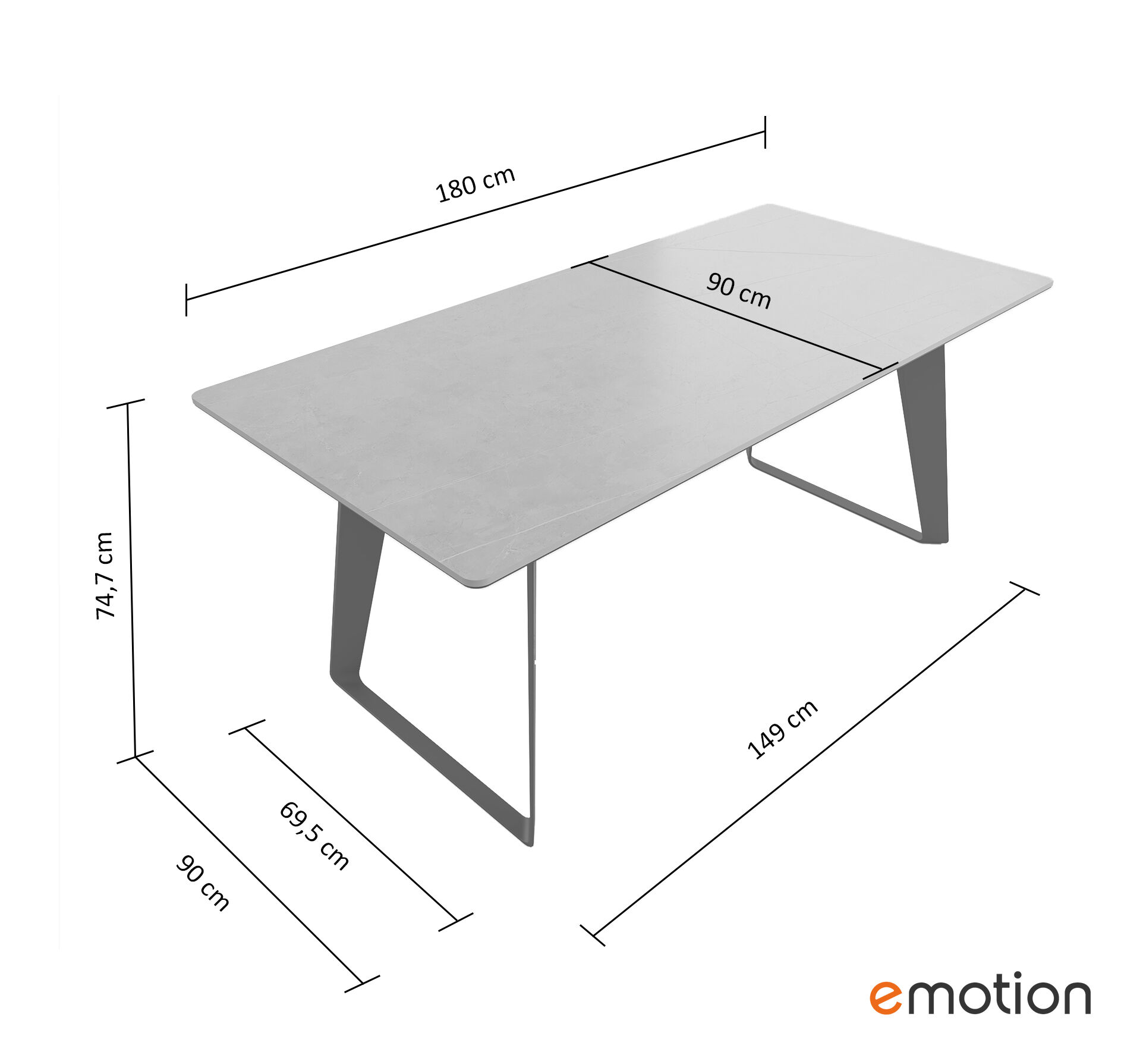 Esszimmertisch FLORINT 180x90cm graue Keramikplatte schwarze Design-Tischkufen